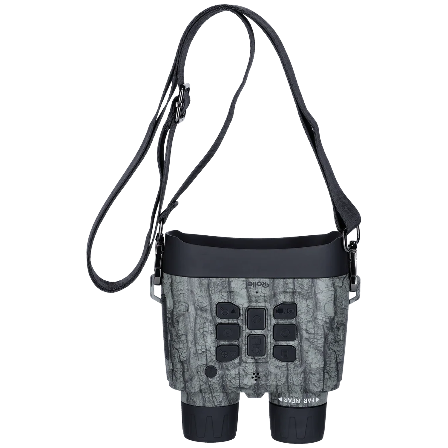 Gray binoculars-like camera with a black strap and buttons.