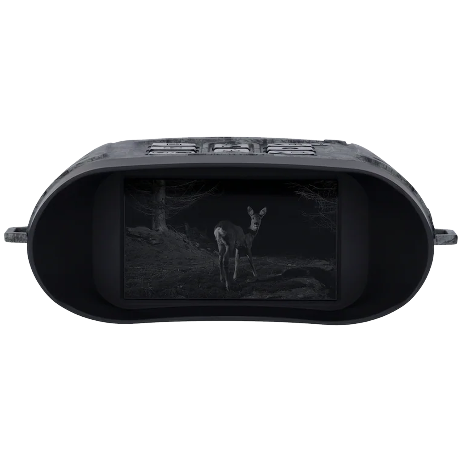 A night vision device shows a deer in the woods at night.