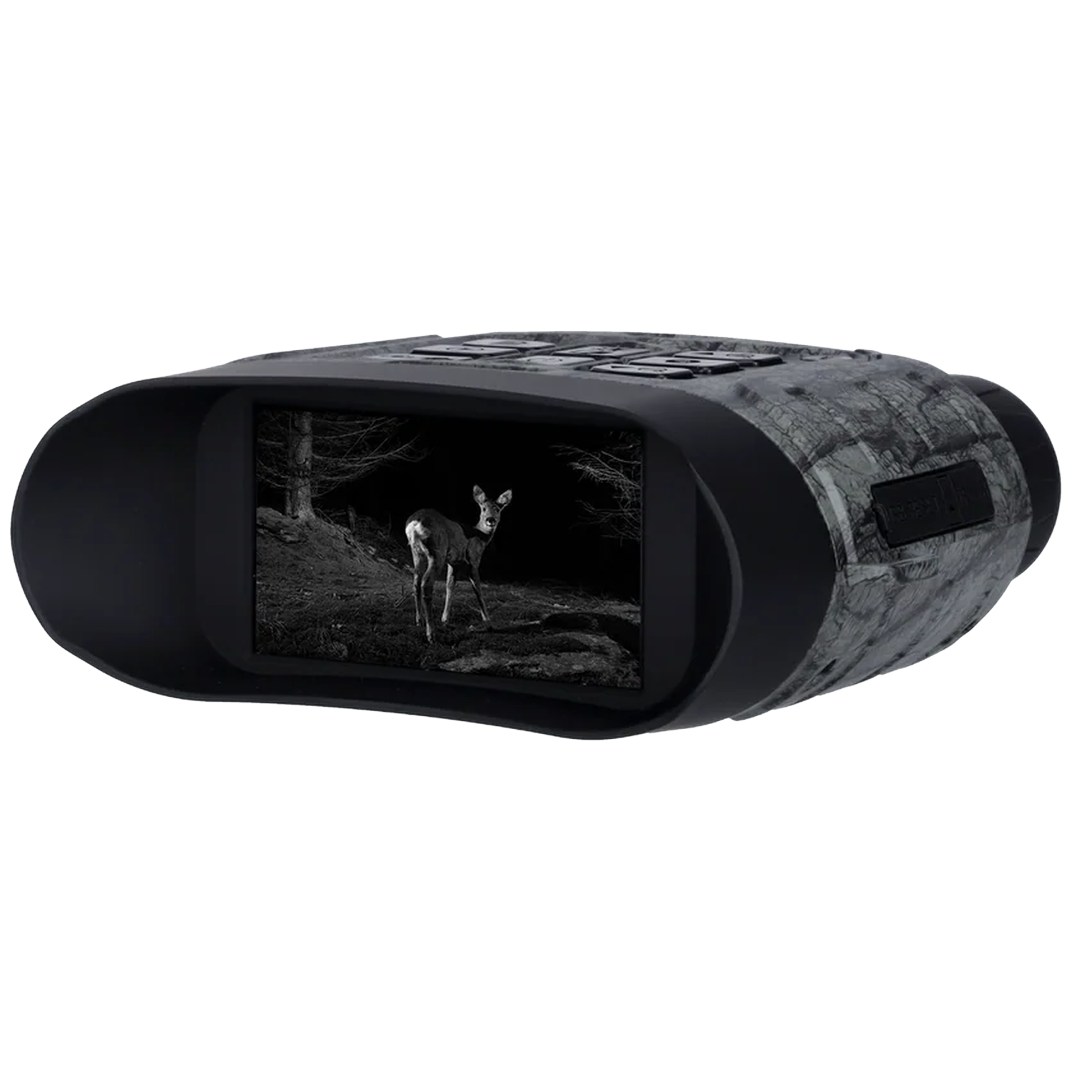 A night vision device displays a deer in a forest on its screen.