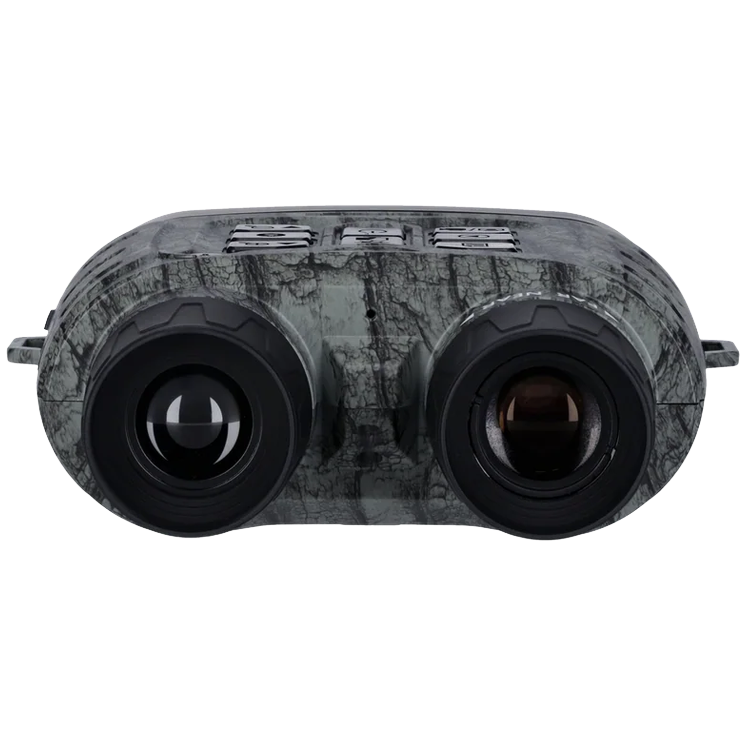 Gray and black camouflage binoculars with two eyepieces and buttons.