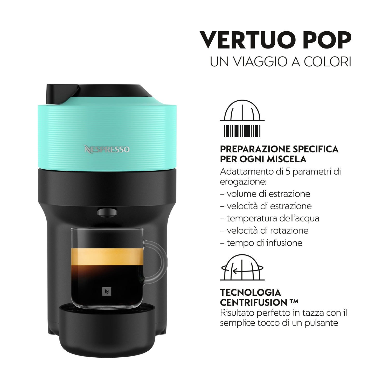 Macchina da caffè Nespresso Vertuo Pop turchese e nera con espresso.