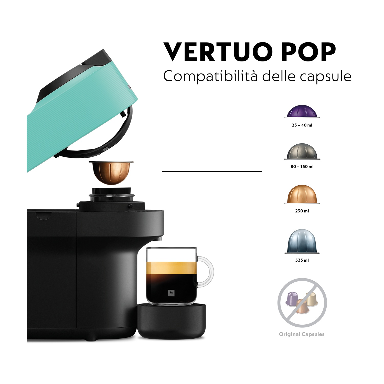 Macchina da caffè Nespresso Vertuo Pop con bicchiere di caffè e diverse dimensioni di capsule.