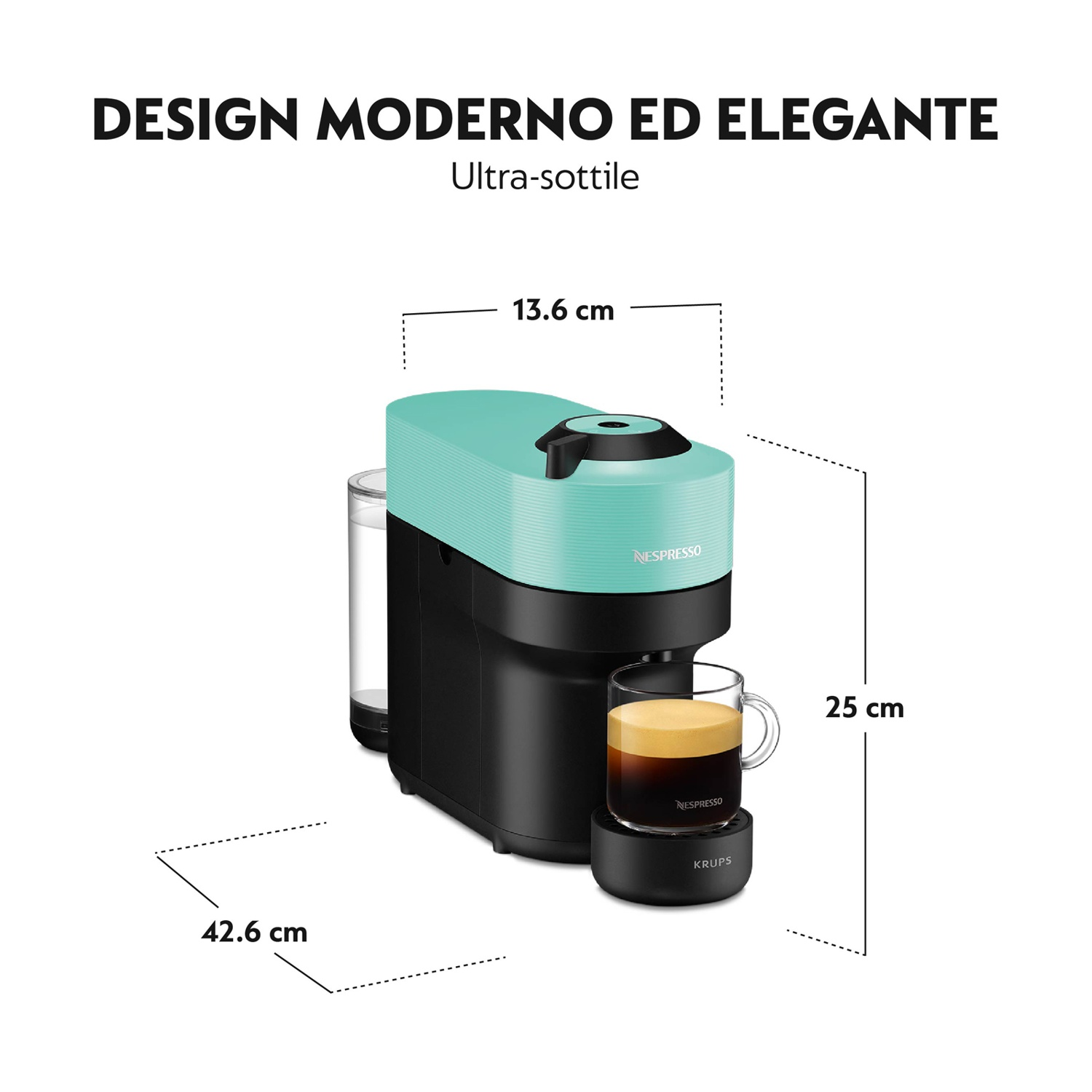 Una macchina da caffè Nespresso verde menta con serbatoio e tazza neri.
