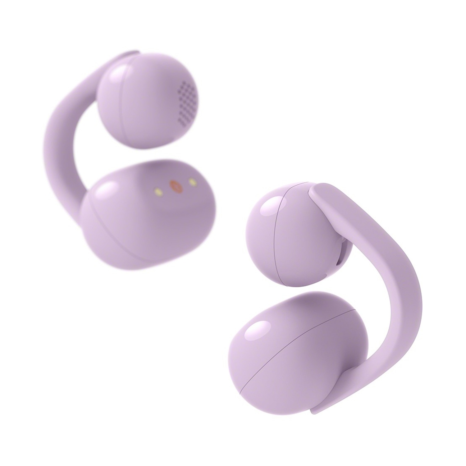 Due oggetti curvi color lavanda su sfondo bianco.