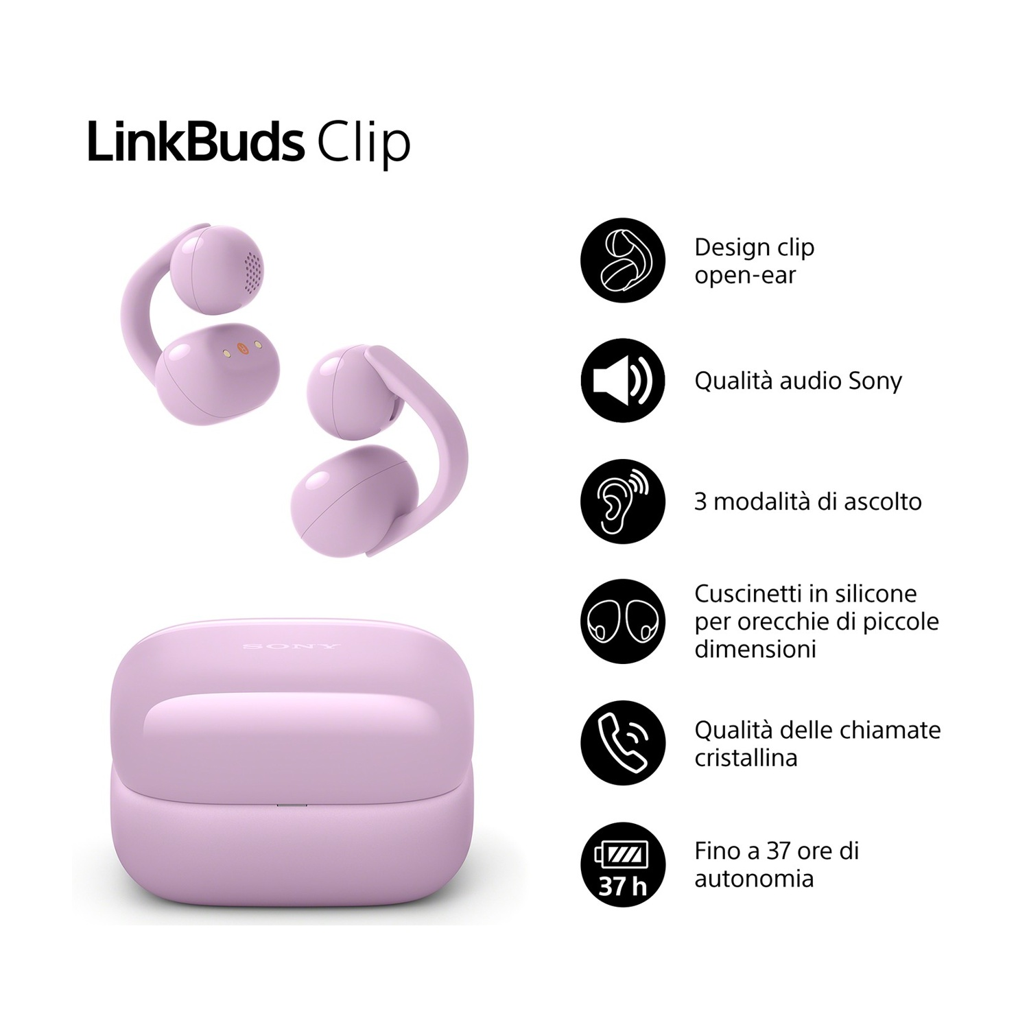 LinkBuds Clip: Auricolari open-ear, custodia di ricarica e icone.