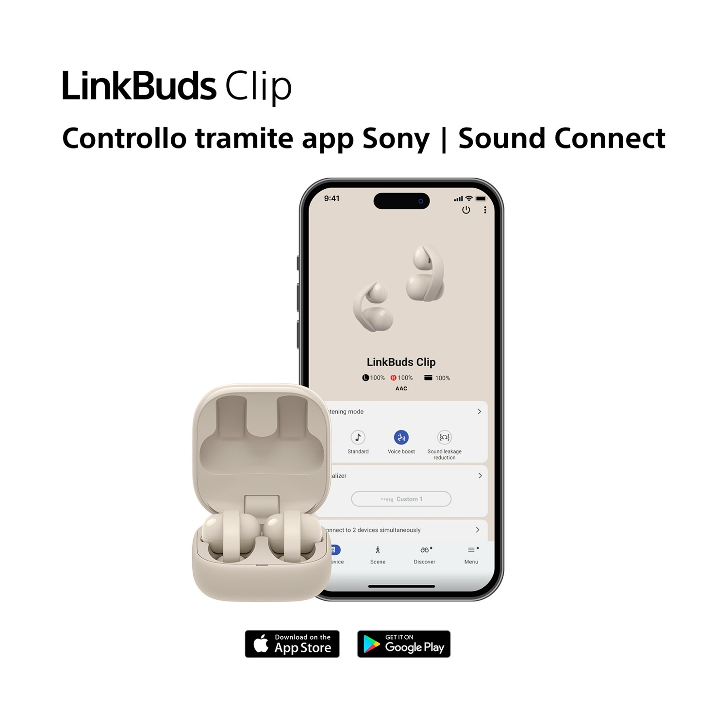 LinkBuds Clip con custodia di ricarica e app per smartphone. Pulsanti download per App Store e Google Play.