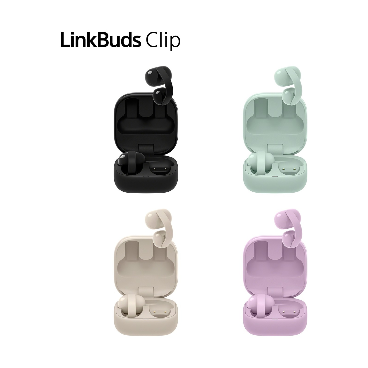 Quattro paia di auricolari LinkBuds Clip neri, verdi, beige e viola.