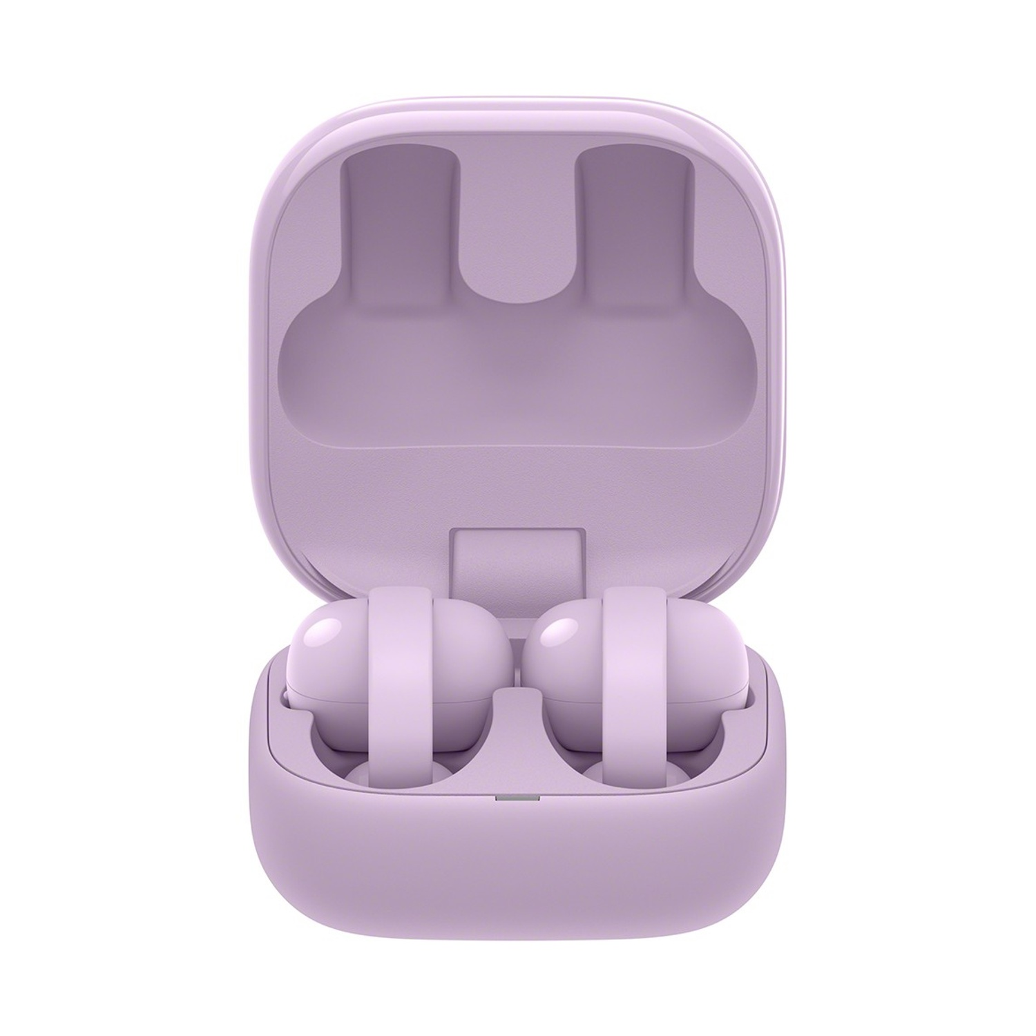 Auricolari viola in un astuccio di ricarica aperto.