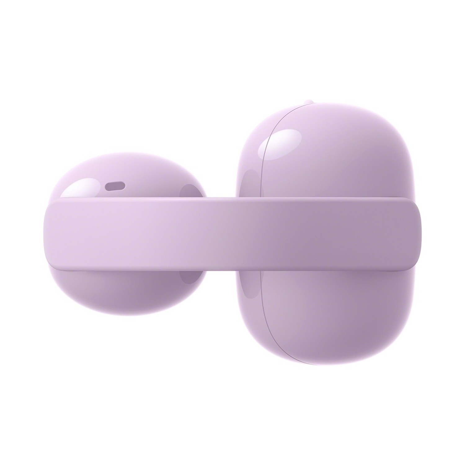 Un paio di auricolari wireless lavanda in una custodia di ricarica.