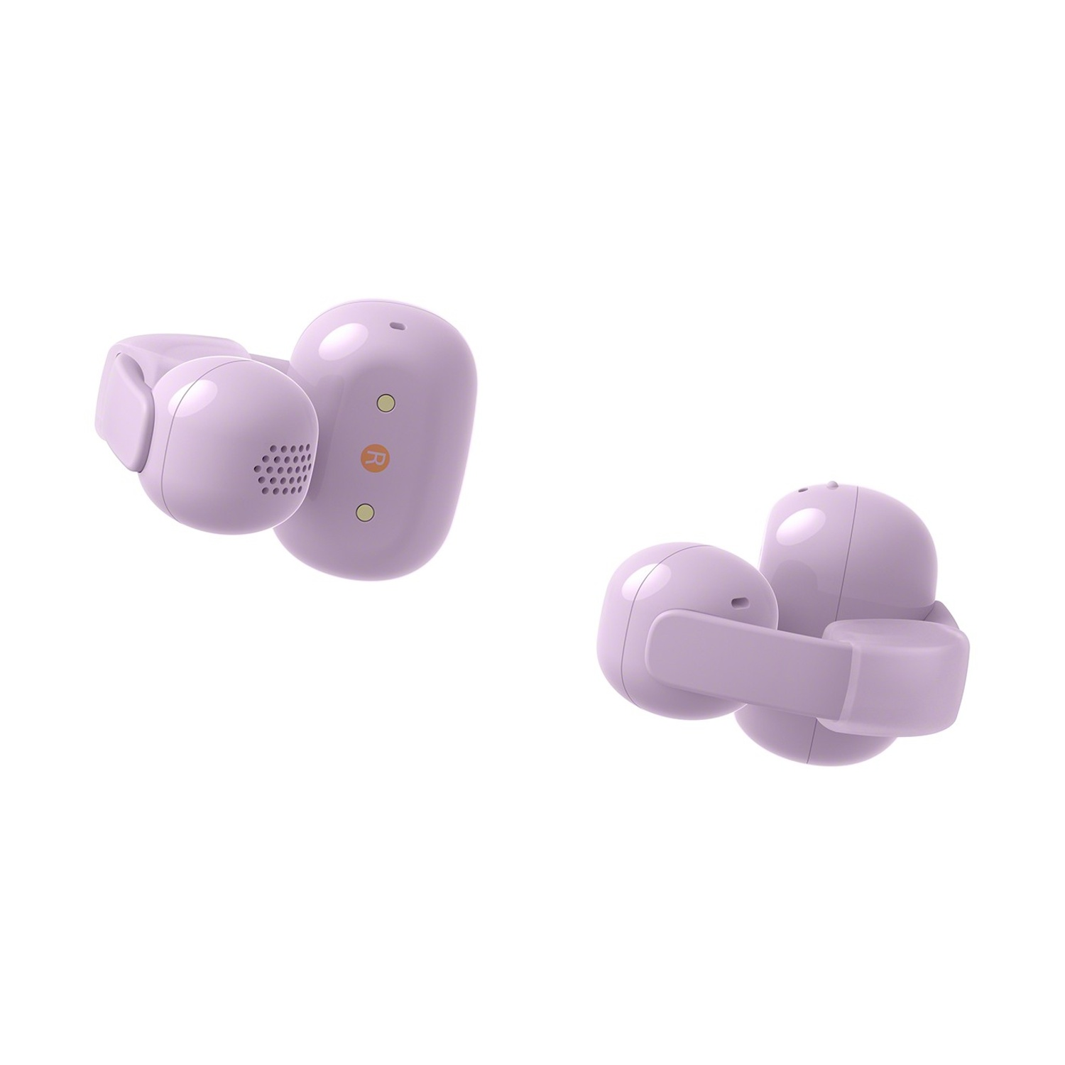 Due auricolari wireless viola, sinistro e destro, su sfondo bianco.
