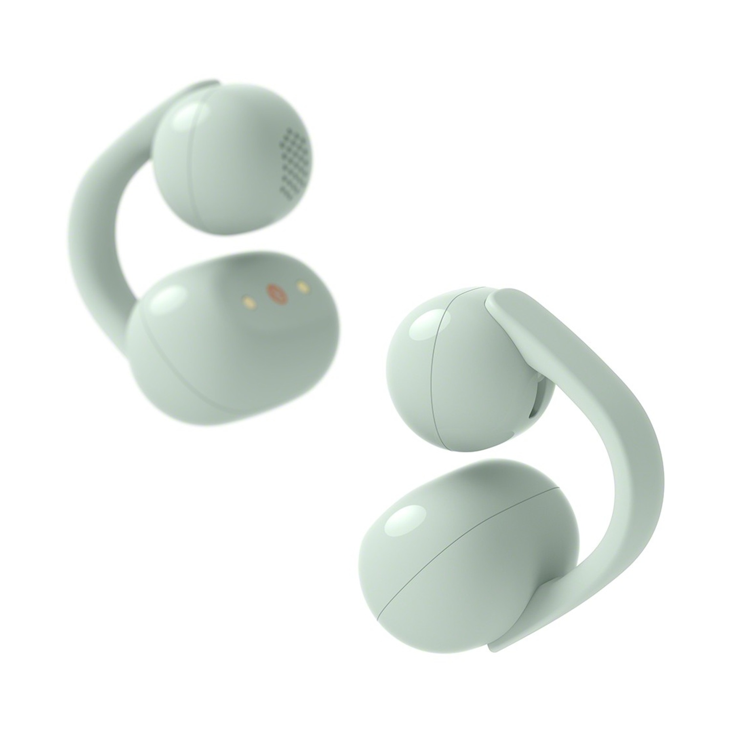 Due auricolari futuristici verde chiaro su sfondo bianco.