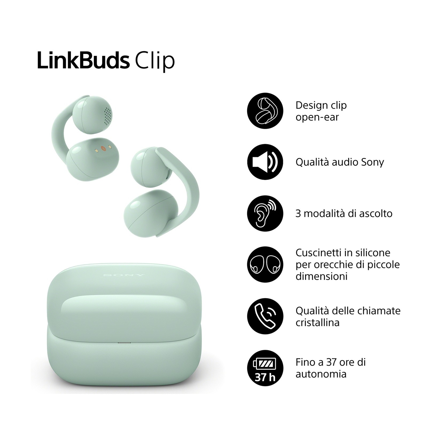 LinkBuds Clip: auricolari verde menta, custodia di ricarica e funzioni.