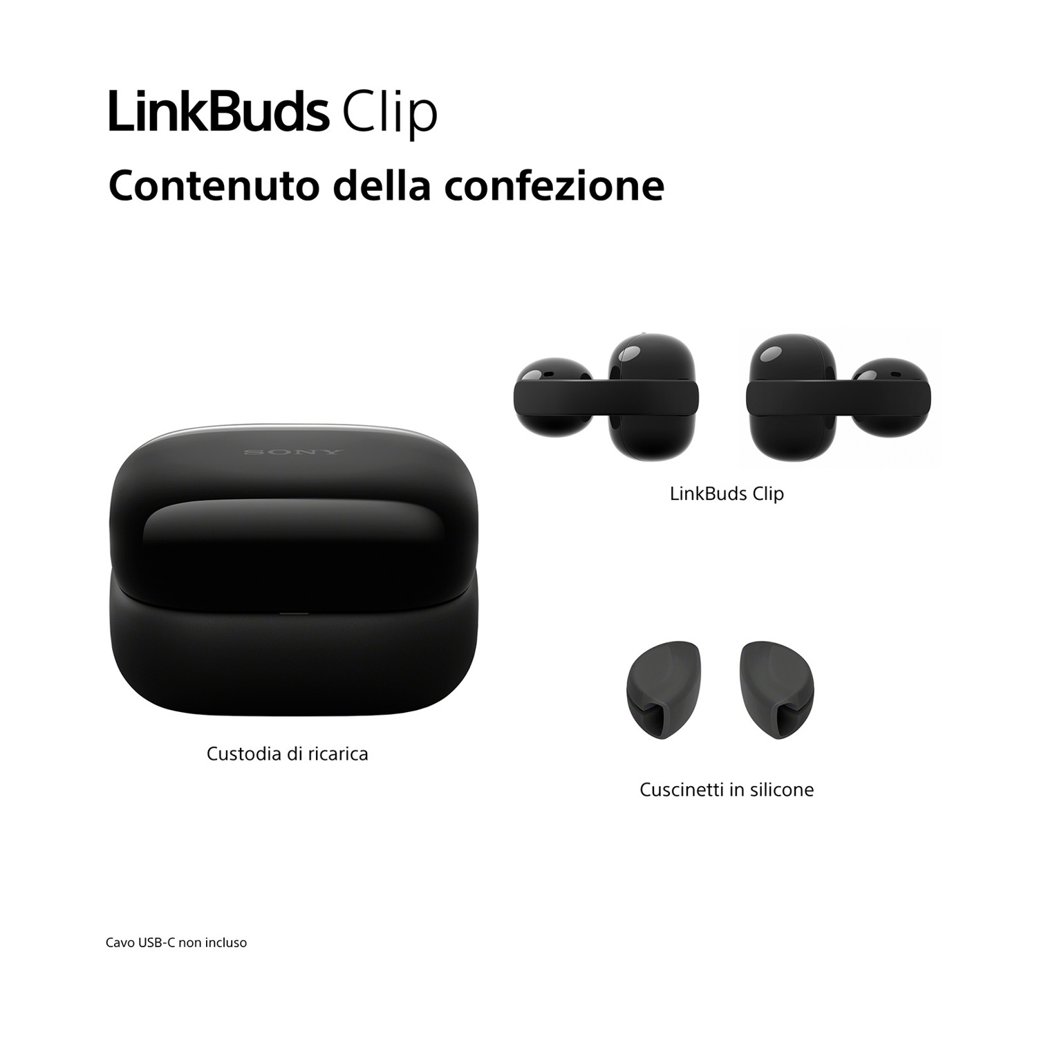 Custodia di ricarica nera, due auricolari LinkBuds Clip e gommini.