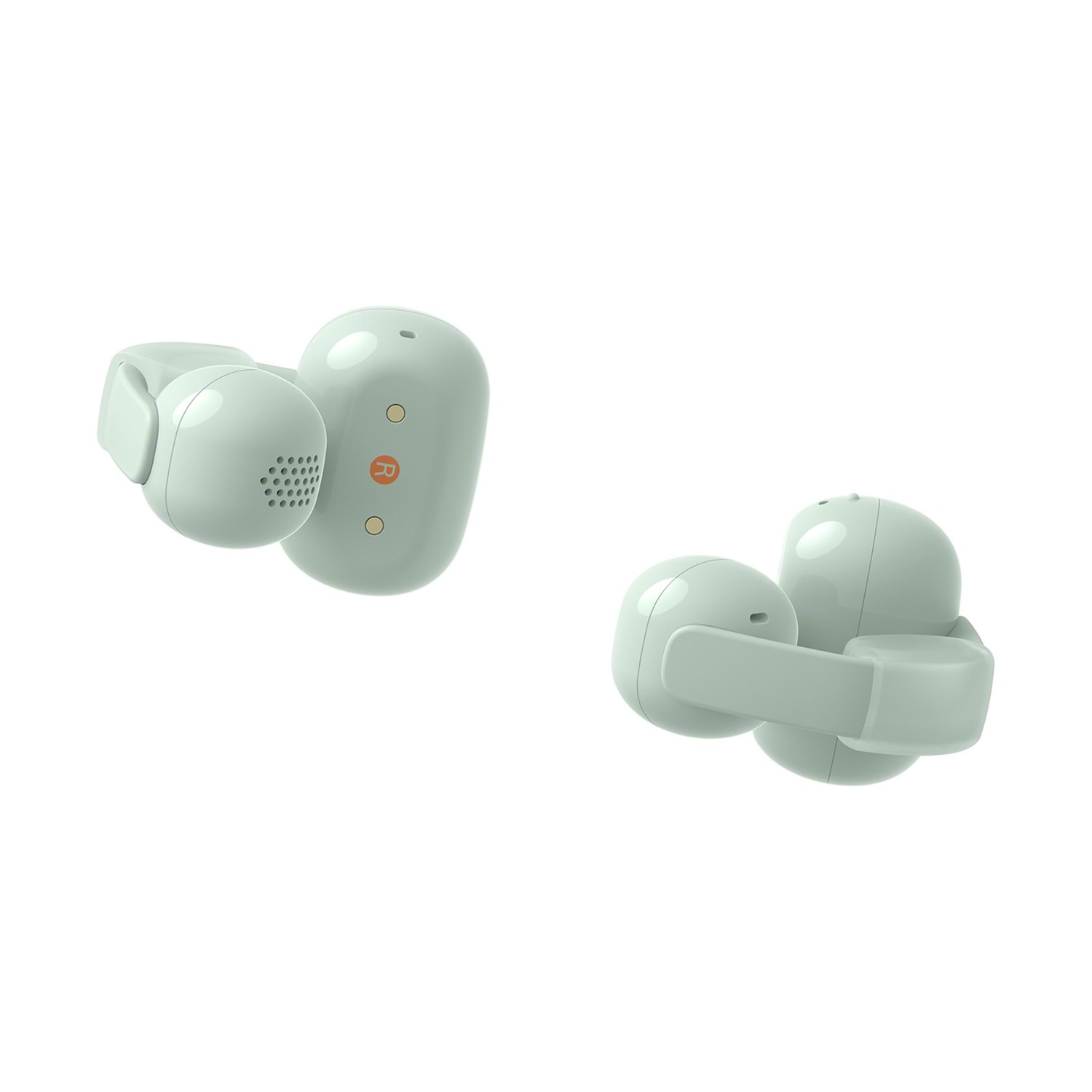 Due auricolari wireless verde chiaro su sfondo bianco.
