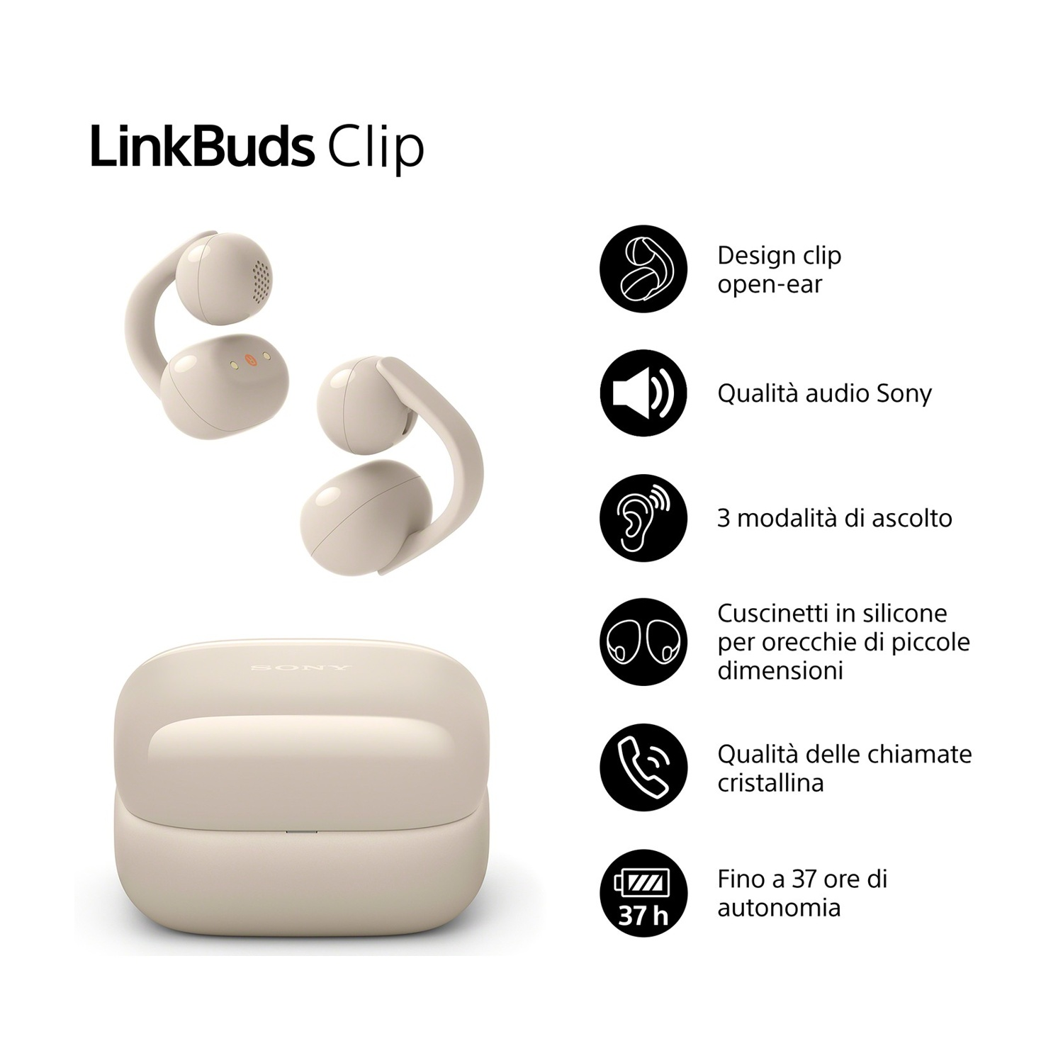 Auricolari Sony LinkBuds Clip con custodia di ricarica. Design clip.