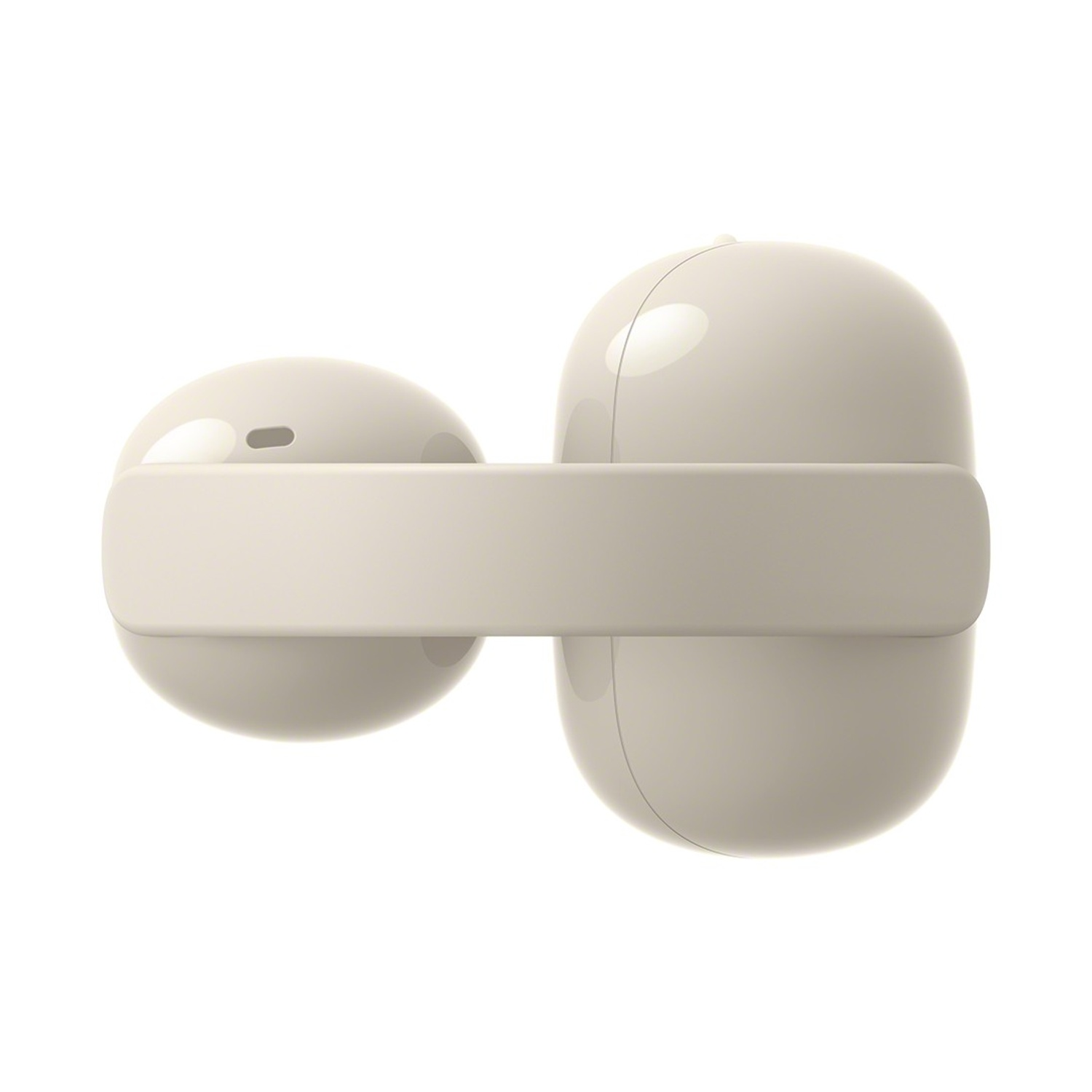 Due auricolari beige con custodia di ricarica, sfondo bianco.