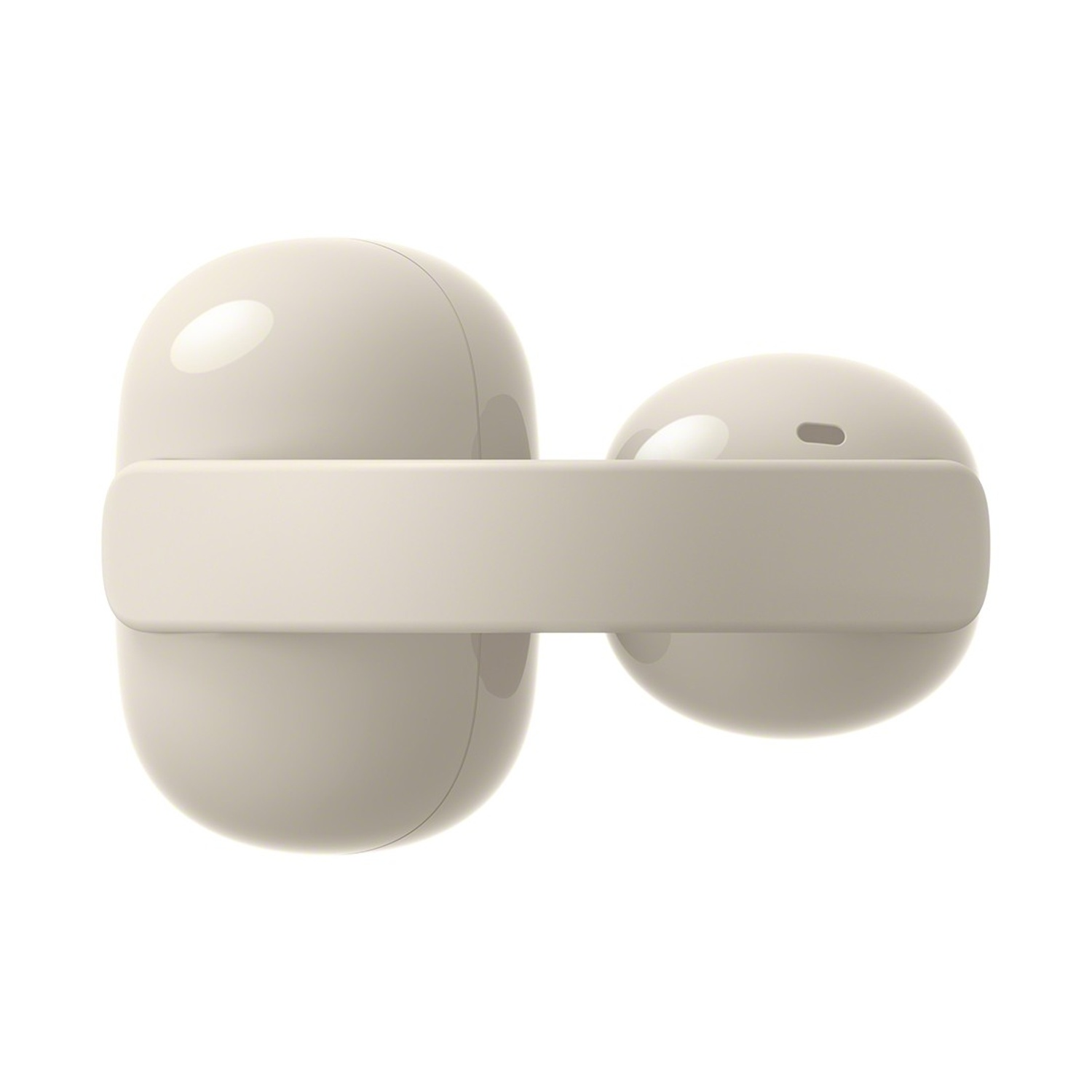 Due auricolari beige uno accanto all'altro, uniti da una fascia chiara.