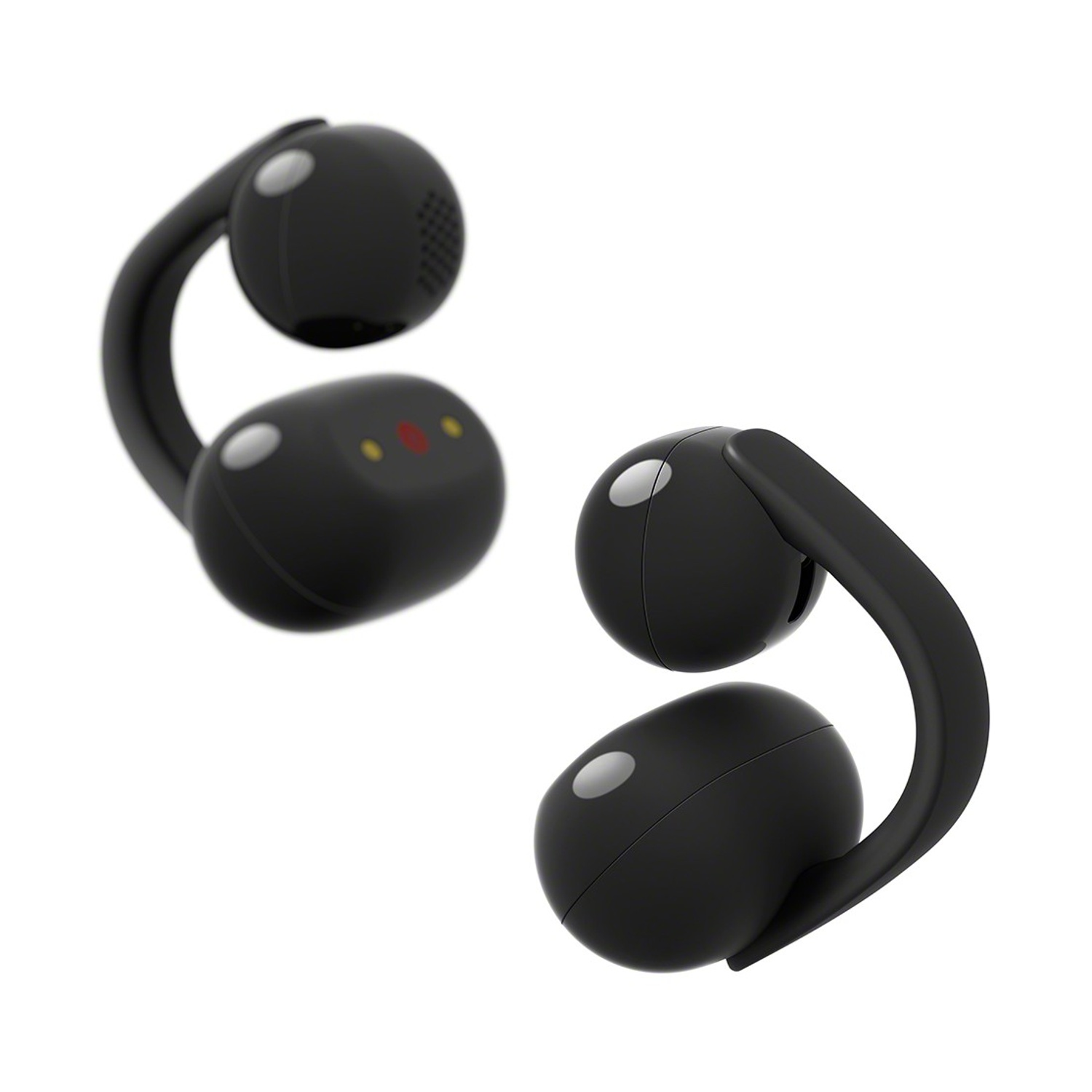 Due auricolari neri e curvi con accenti bianchi su sfondo bianco.