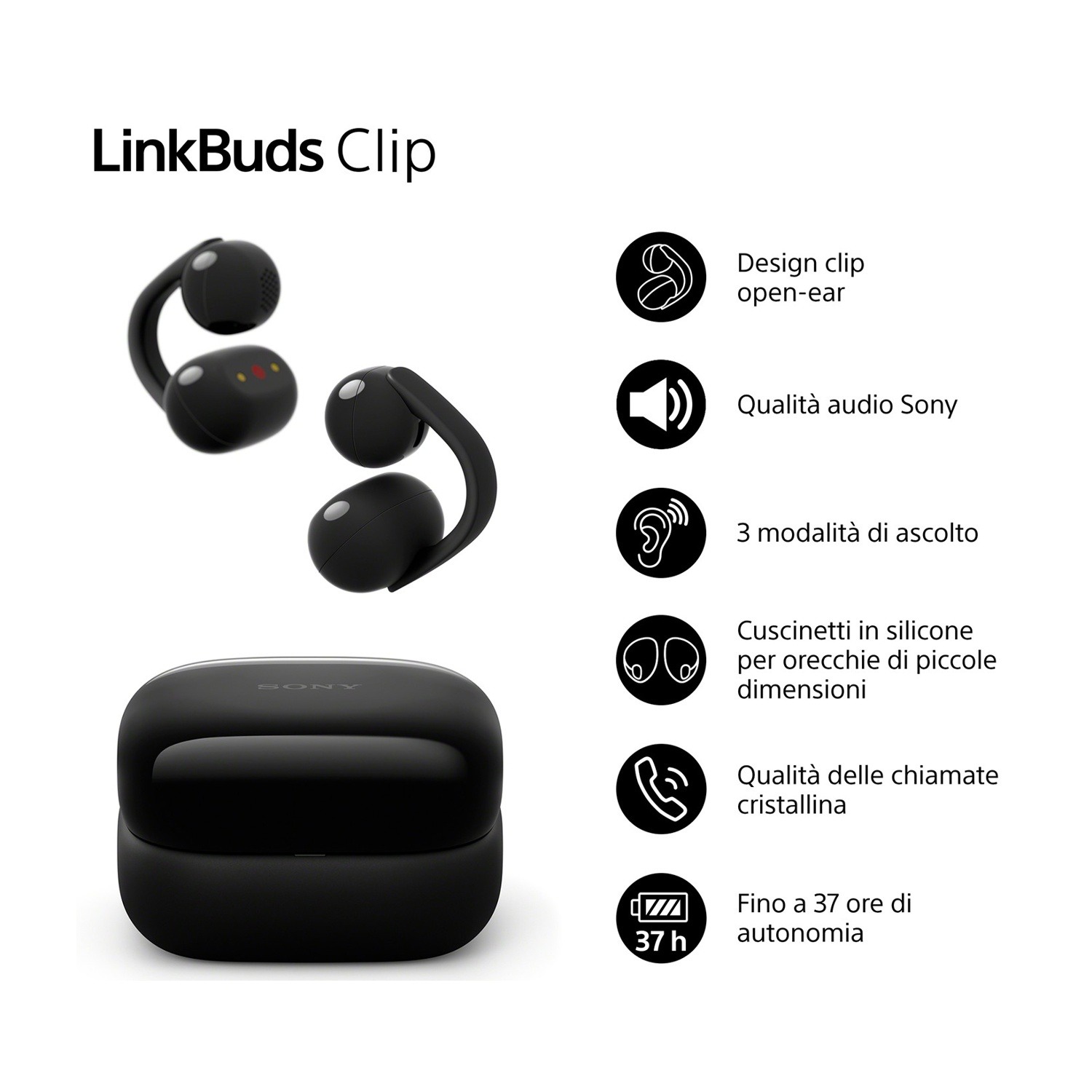 Auricolari Sony LinkBuds Clip neri con custodia di ricarica e funzioni.