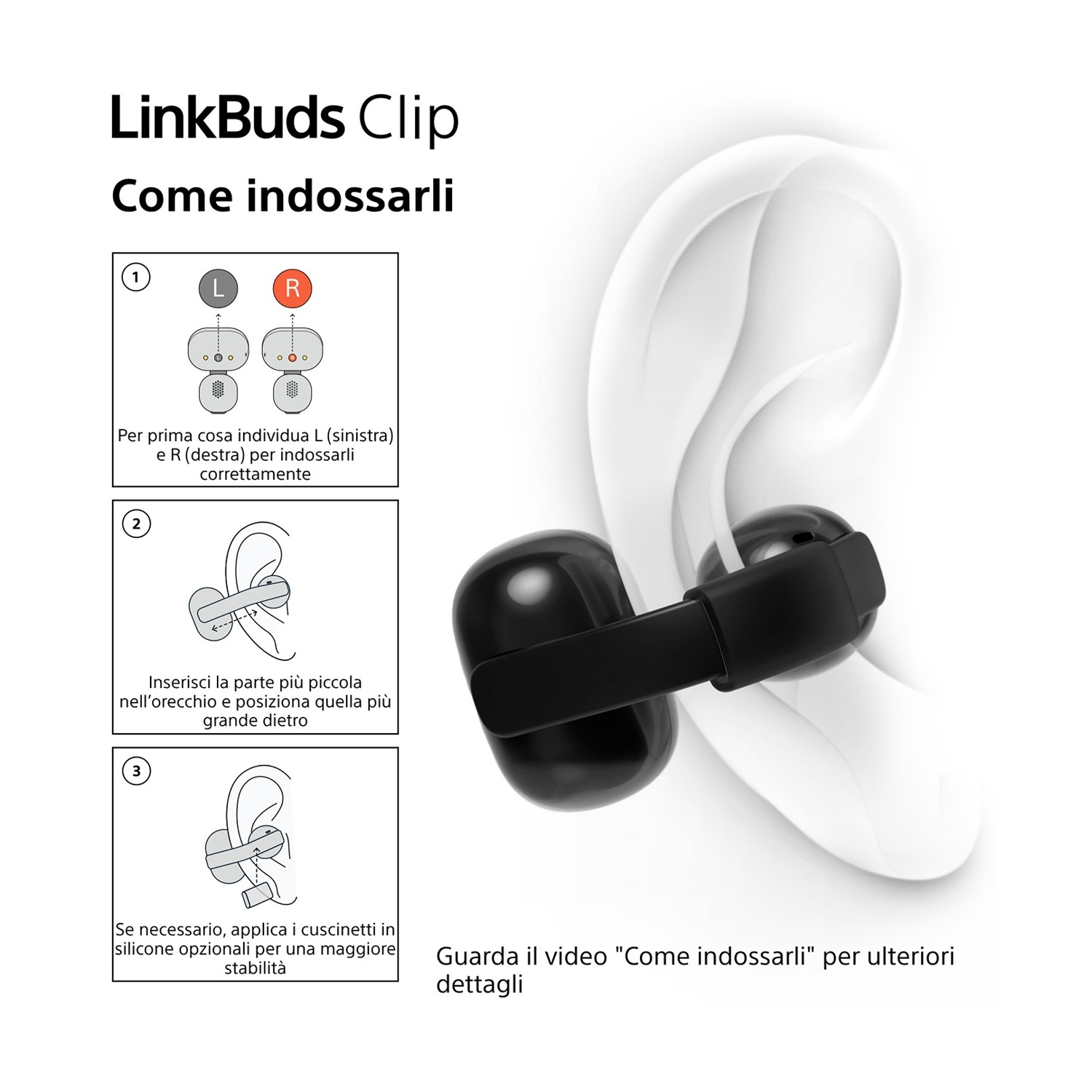 Istruzioni per indossare LinkBuds Clip con immagini e testo.