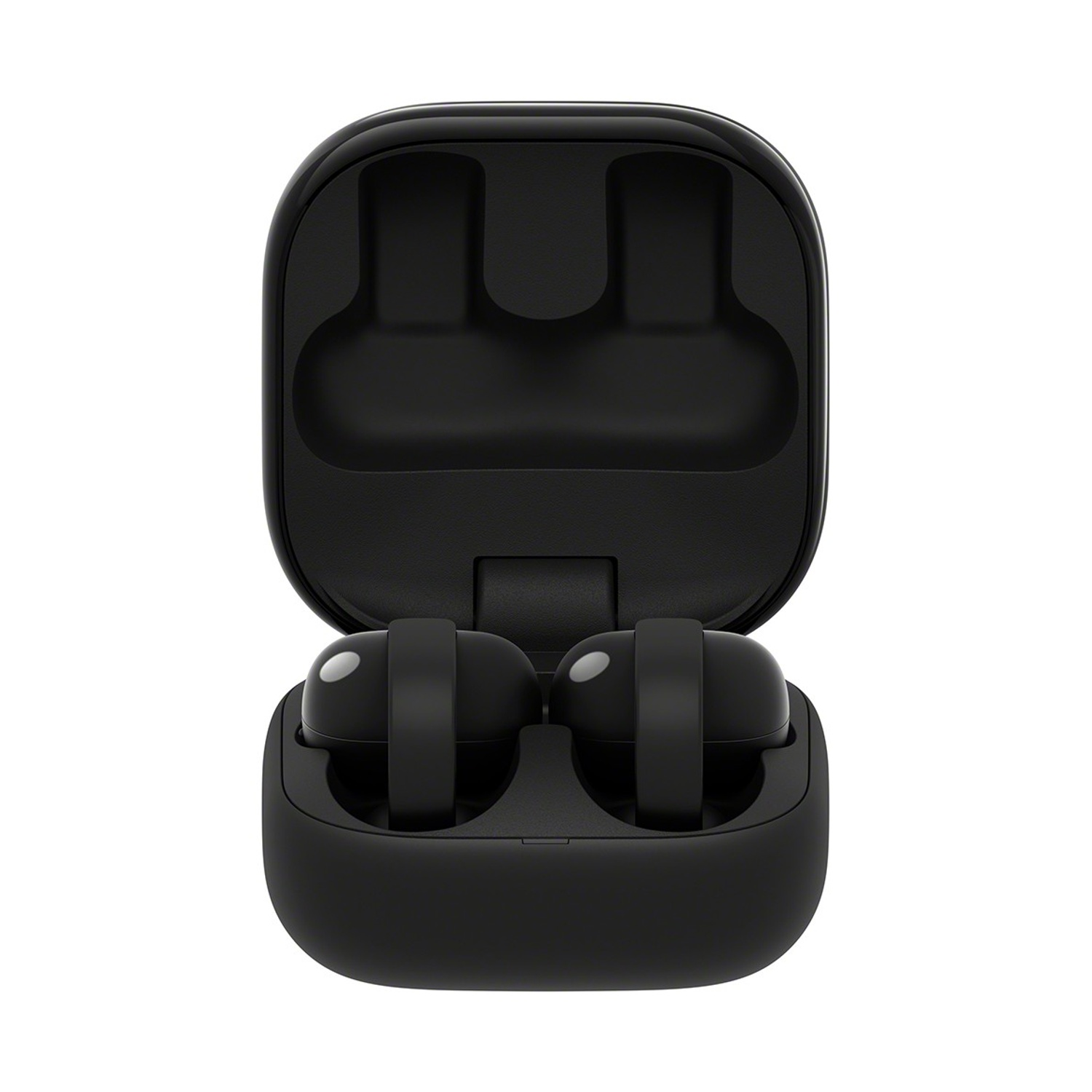 Auricolari wireless neri in una custodia di ricarica aperta.