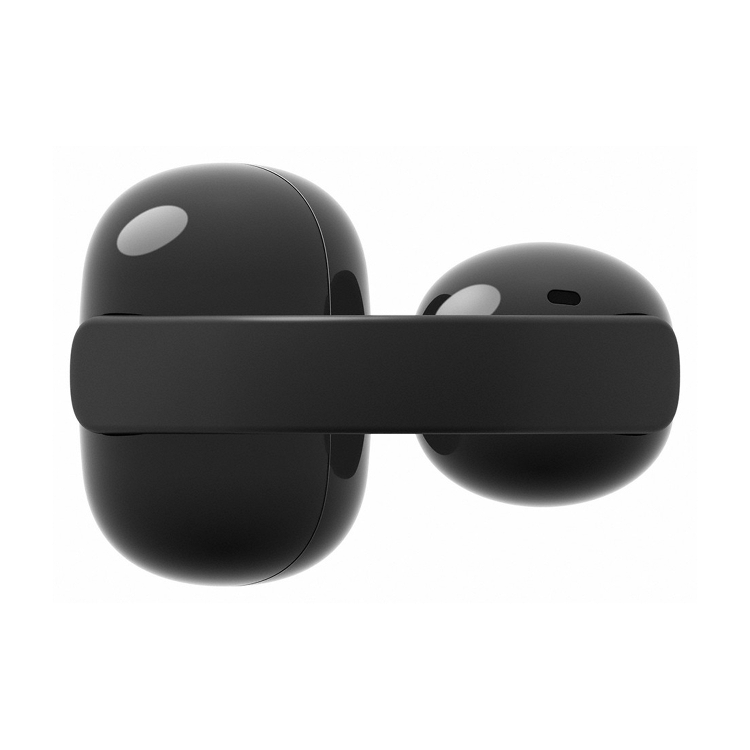 Due auricolari wireless neri con custodia di ricarica, su sfondo bianco.