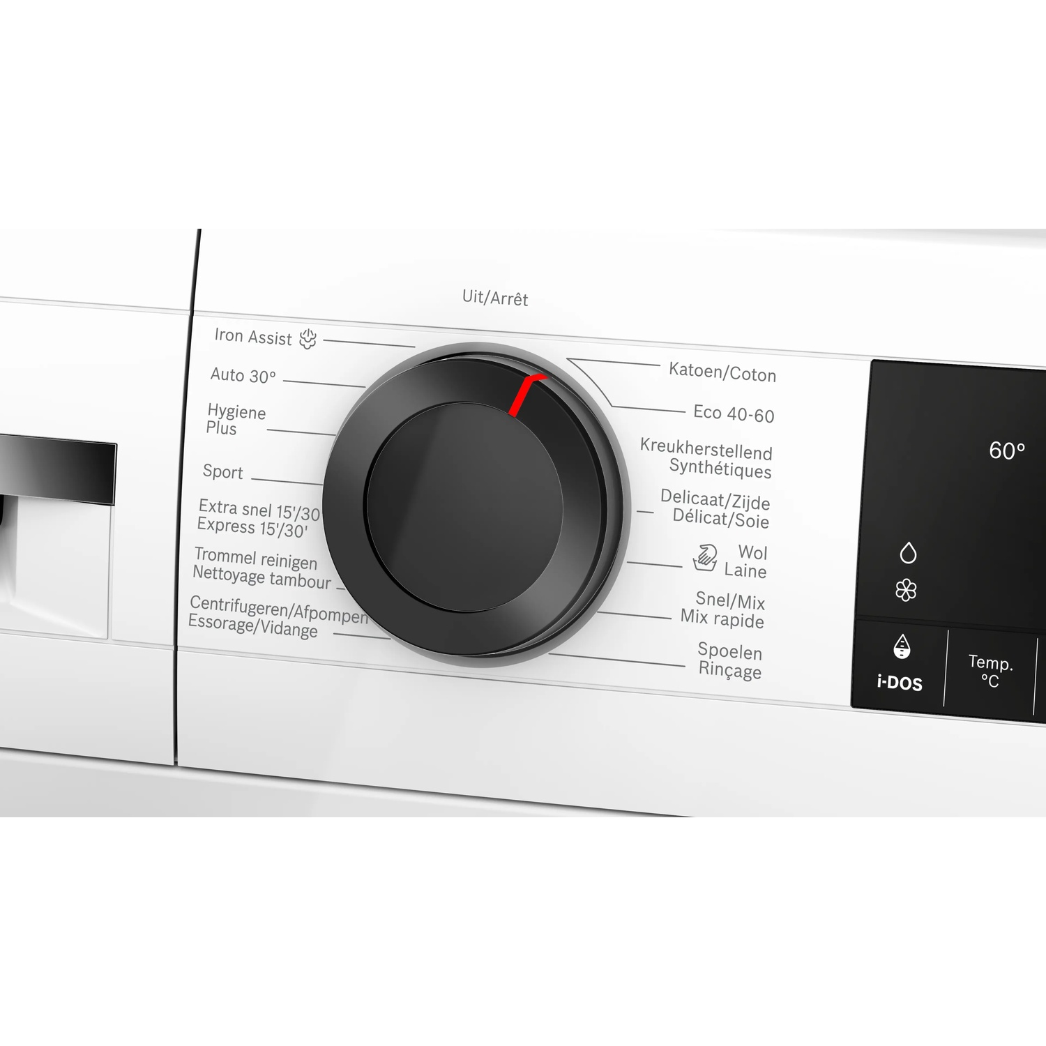 Close-up of a washing machine control panel with a dial. 60 degrees displayed.