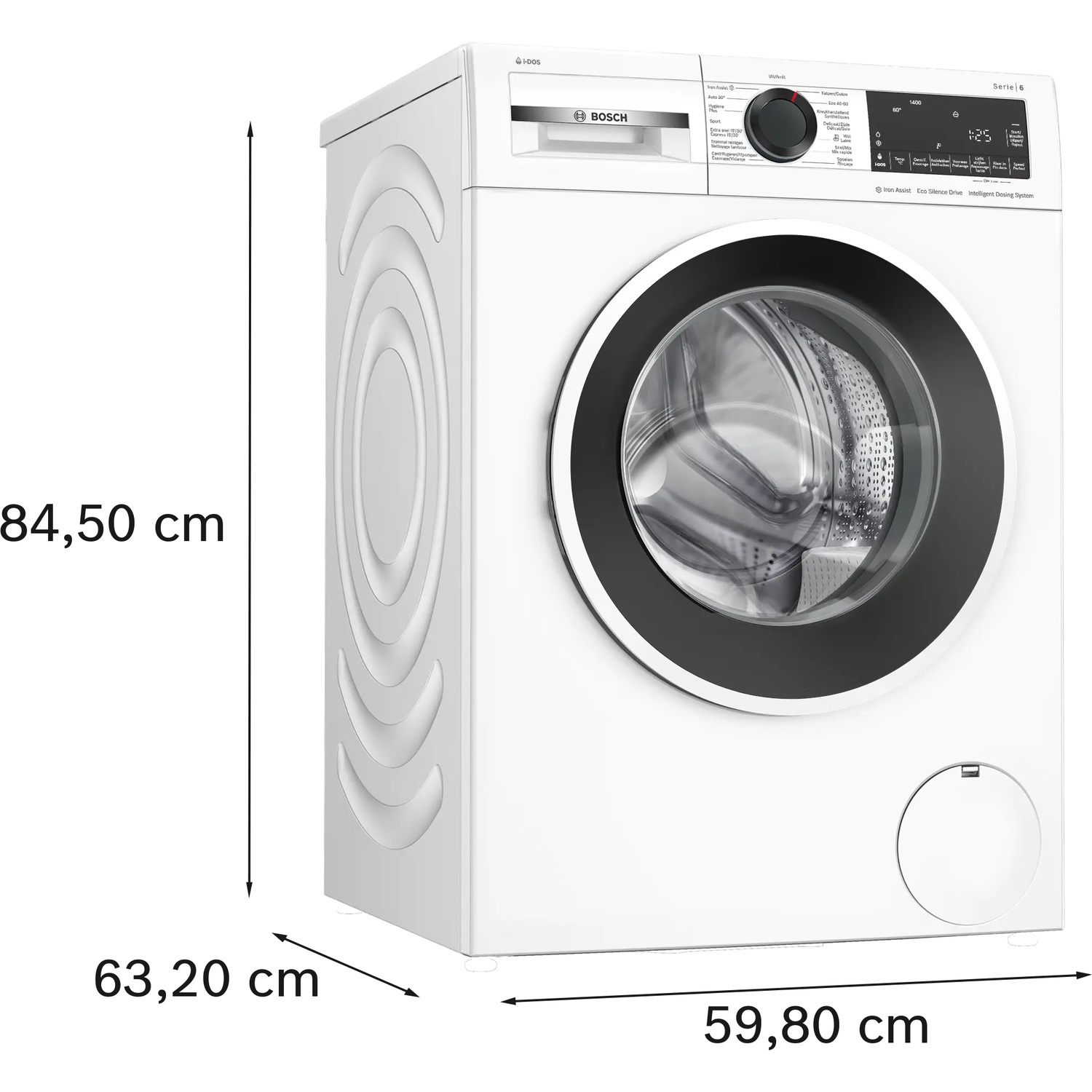 A white Bosch washing machine with a silver porthole and control panel.