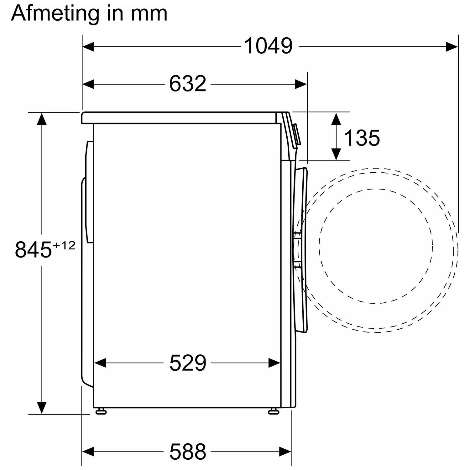 Technical drawing of a washing machine with dimensions in mm.