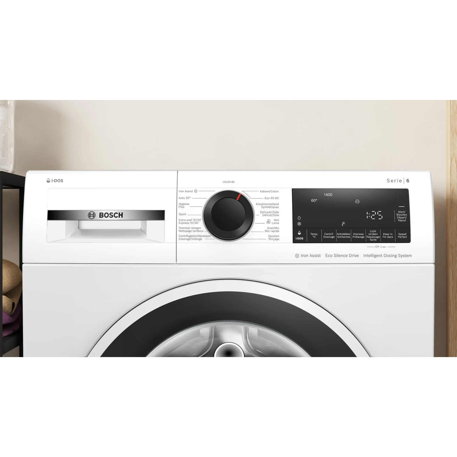 A white Bosch Serie 6 washing machine with control panel and round program selector.