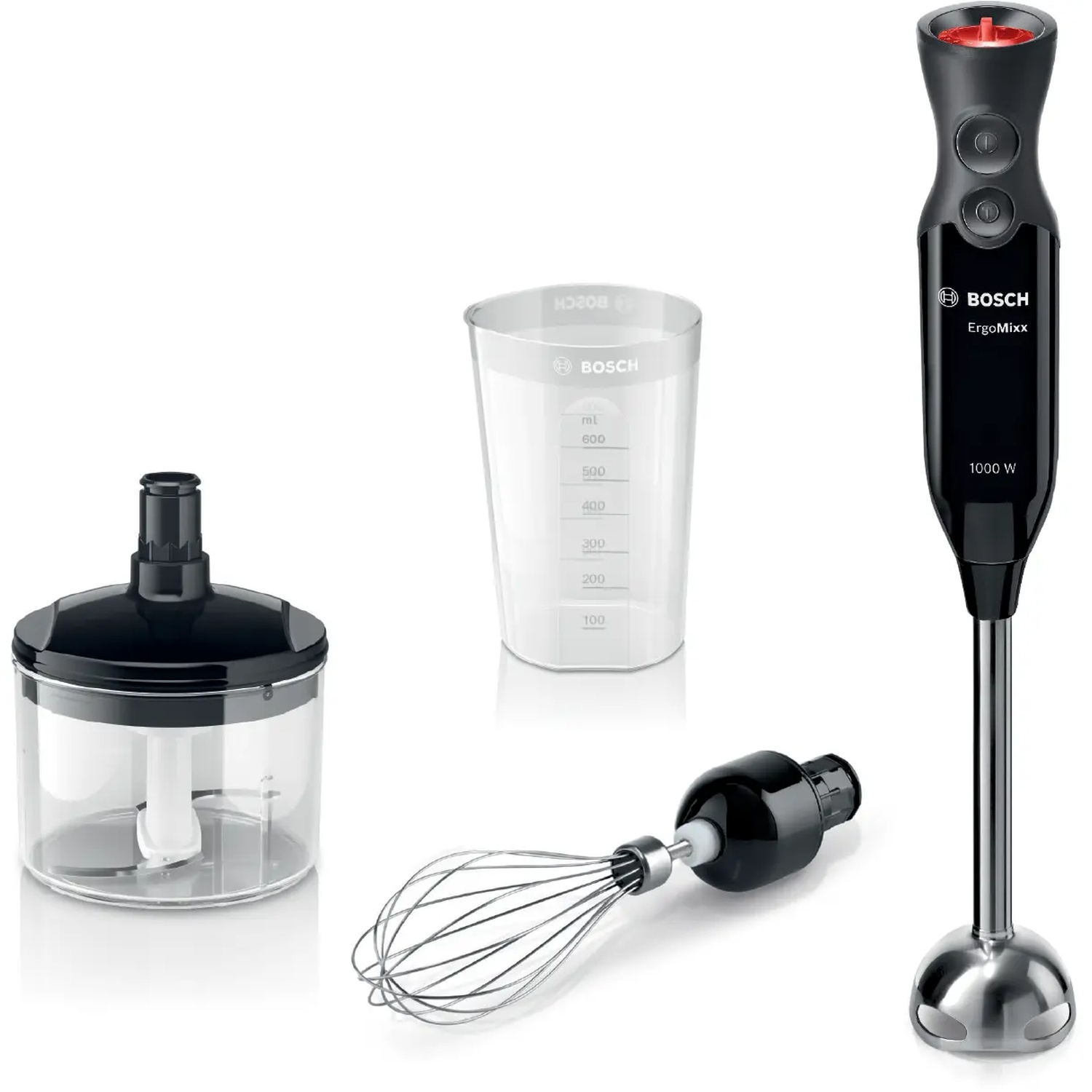 A Bosch hand blender with accessories: blending wand, chopper, whisk, and measuring cup.