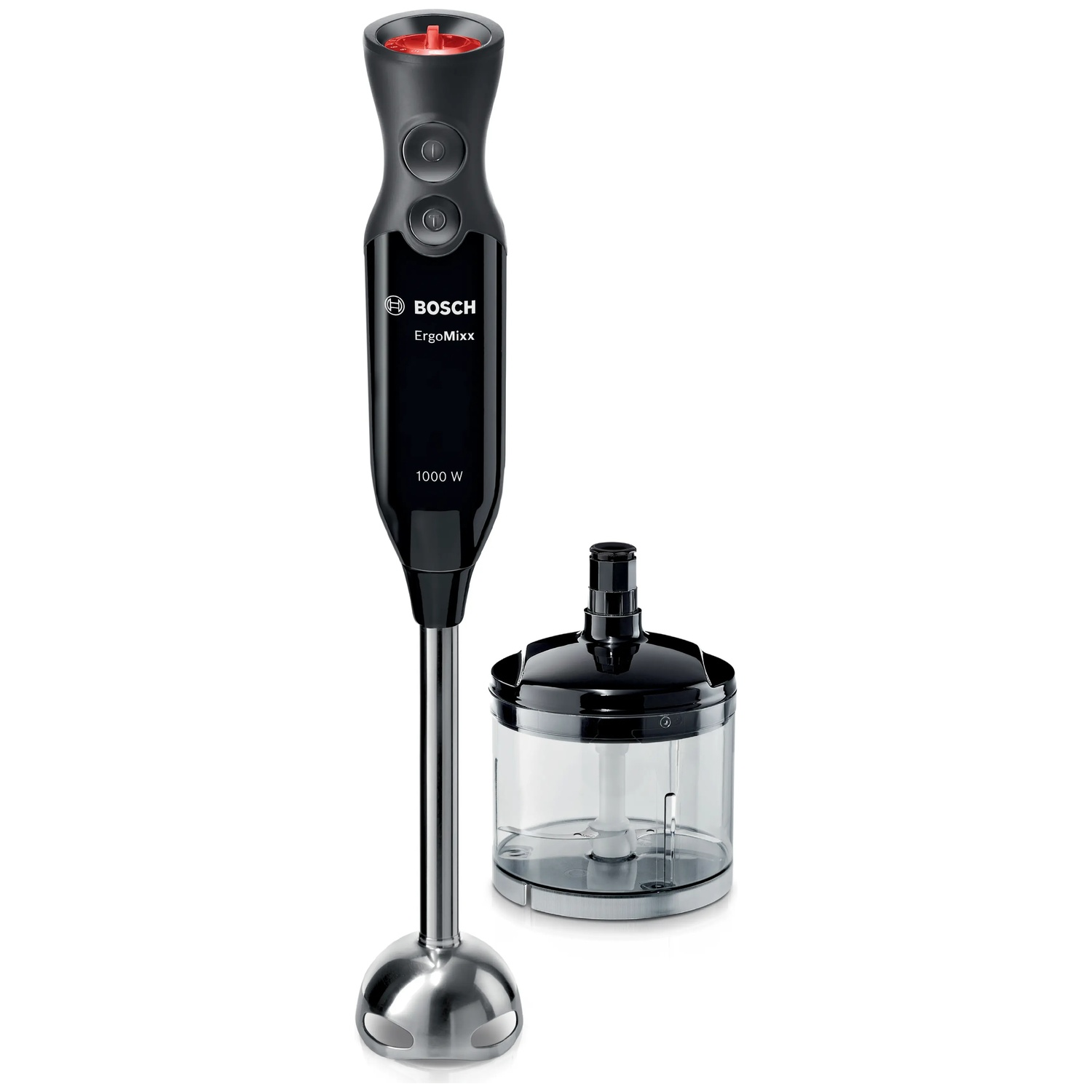 Black Bosch hand blender with silver metal foot and chopper attachment.