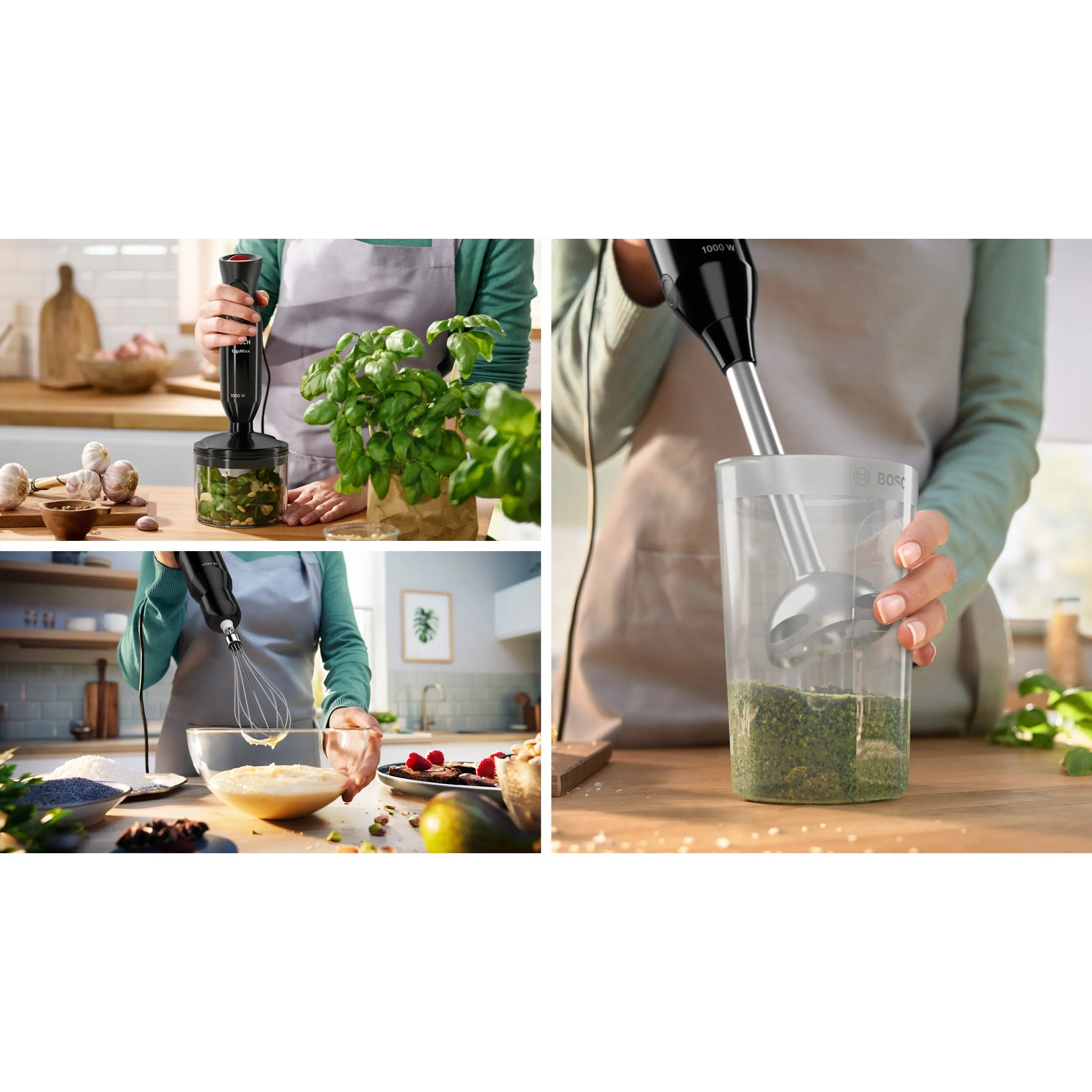 Hand blender with accessories in three scenarios: chopping, whisking, and pureeing.