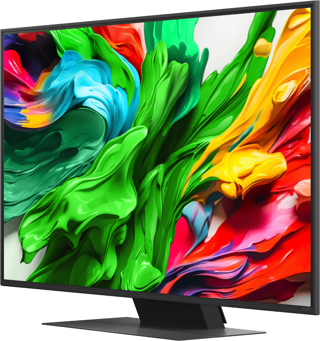 A modern black television displays an abstract, colorful image with shades of green.