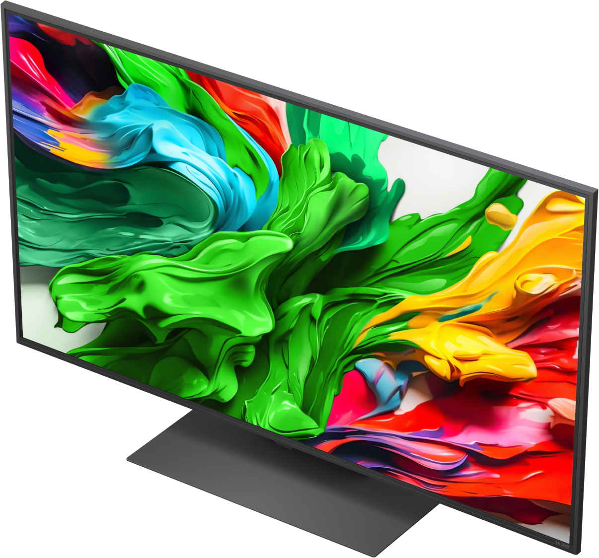 A modern TV displaying a vibrant, abstract image with green, blue, and red hues.