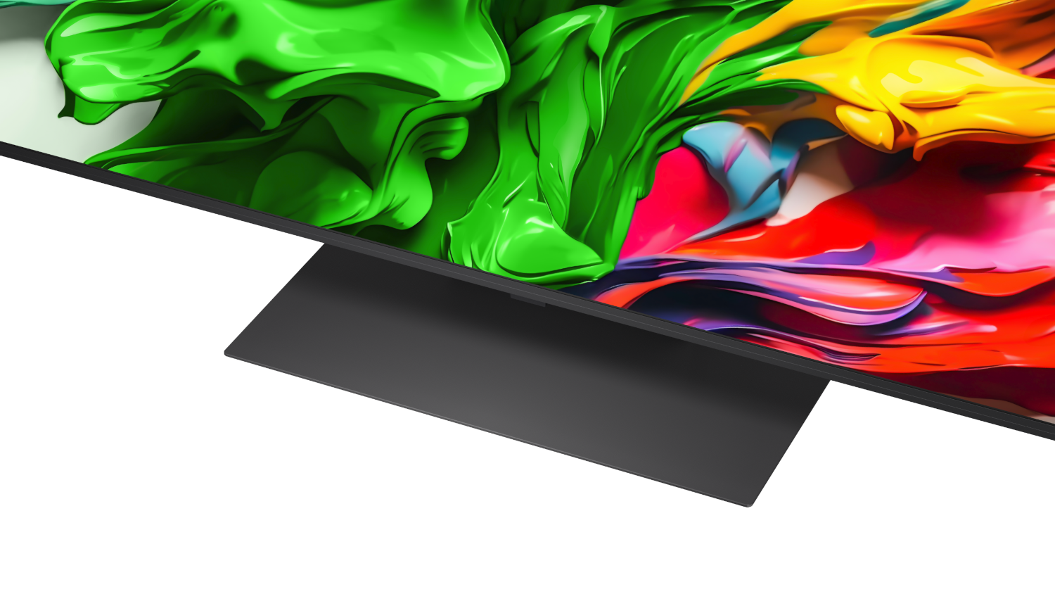 A modern black TV displays vibrant, swirling colors on screen.