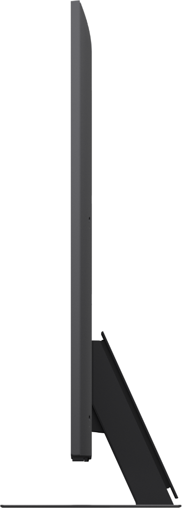 Gray television on a black stand, viewed from the side.