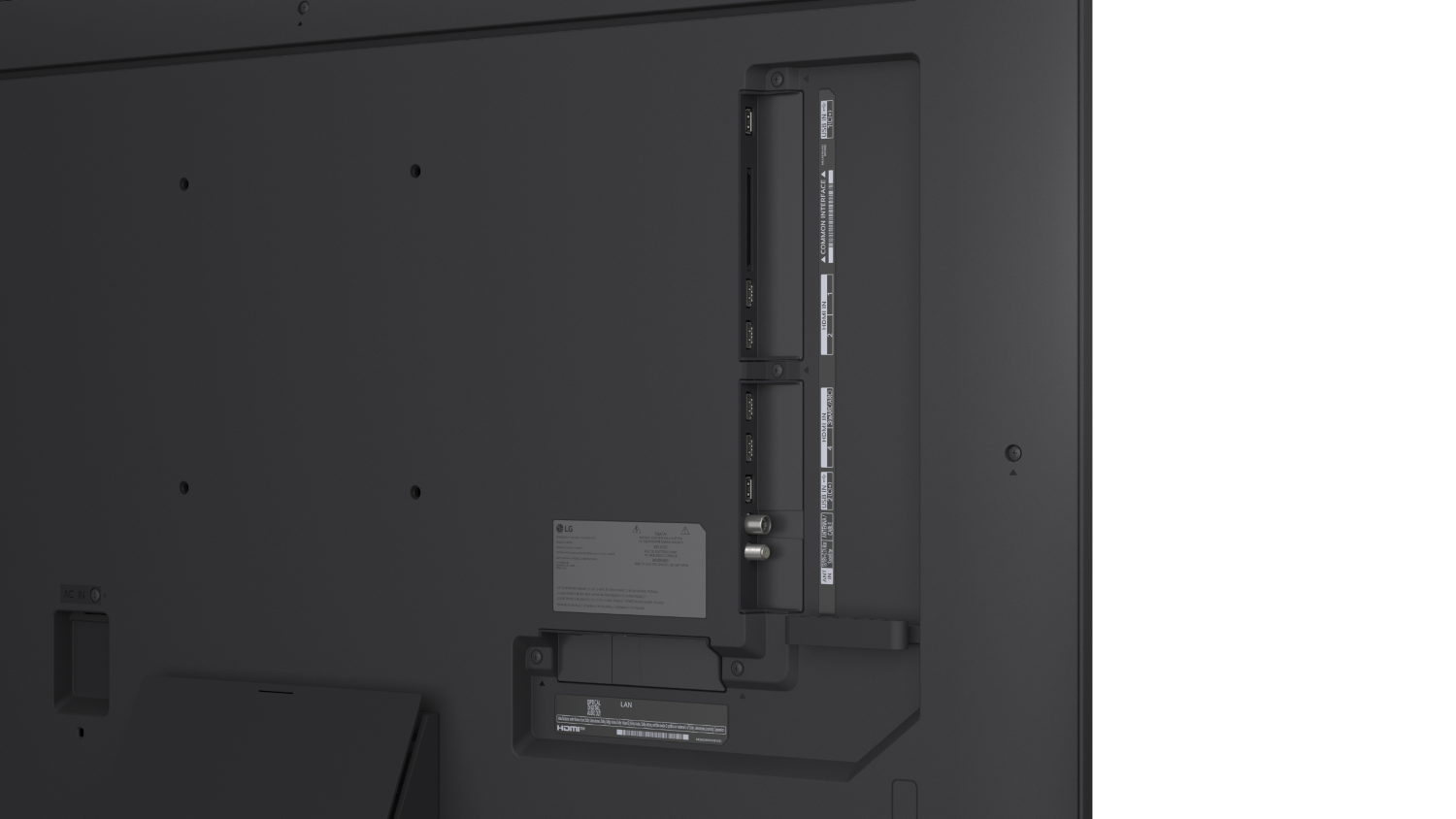 Back of a black TV showing ports: HDMI, USB, LAN, antenna.