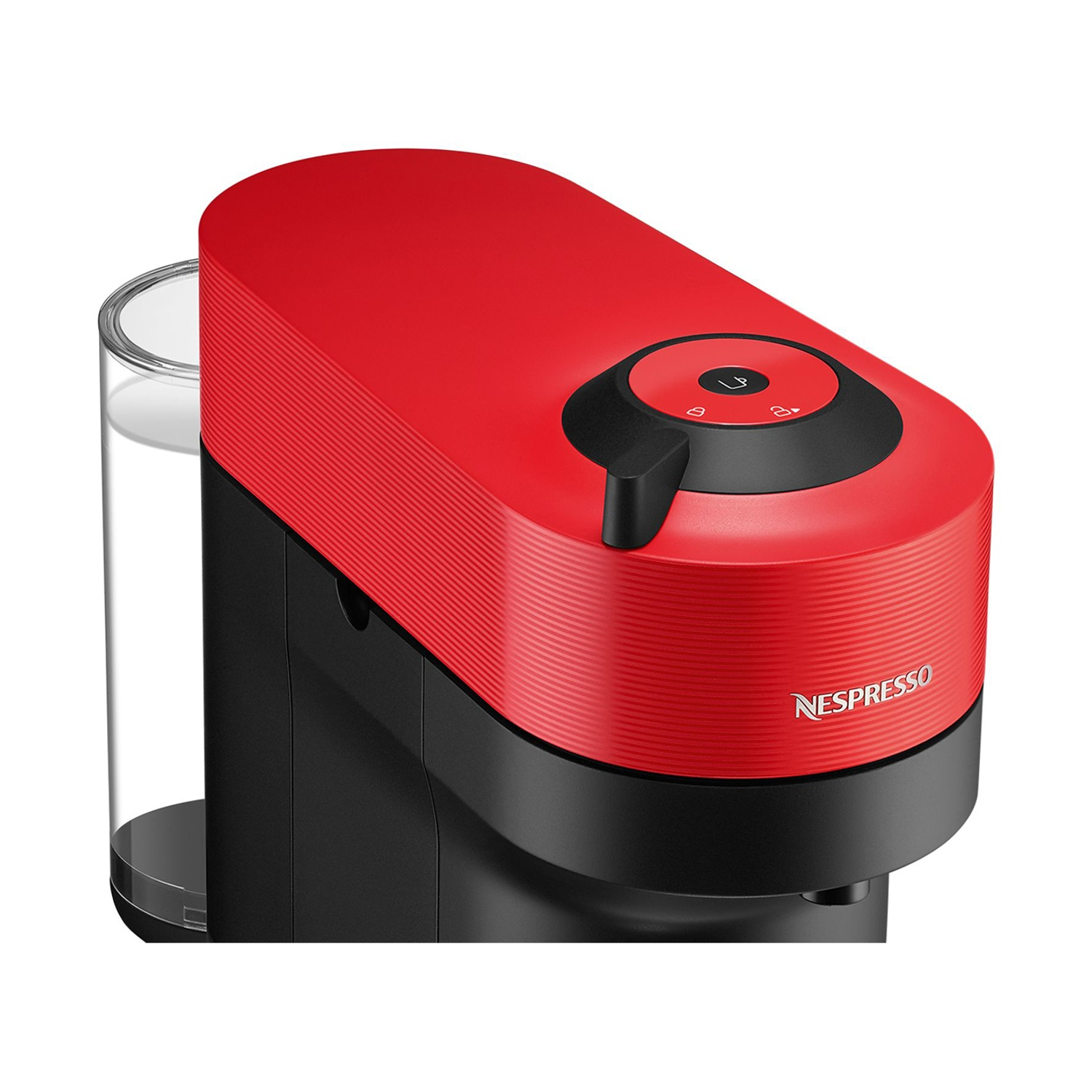 Macchina da caffè Nespresso rossa con base nera e serbatoio acqua.