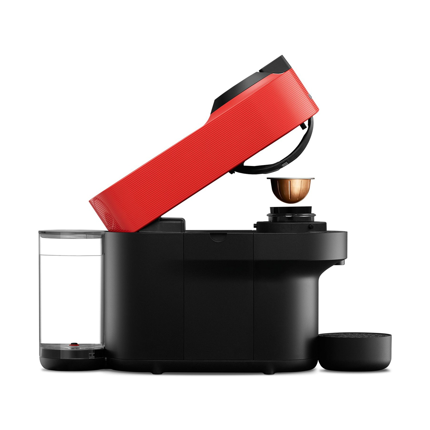 Una macchina da caffè rossa con serbatoio dell'acqua e capsula di caffè.