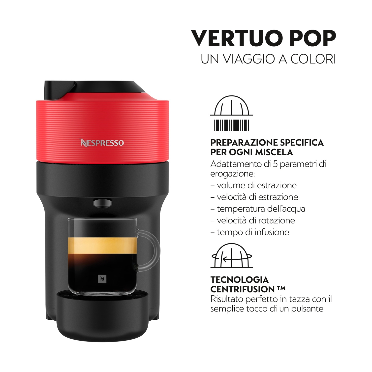 Una macchina da caffè Nespresso Vertuo Pop rossa con tazza di caffè.