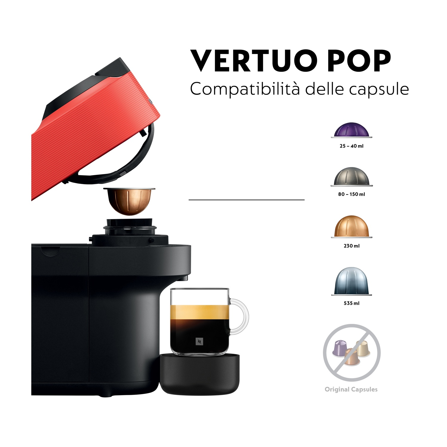 Nespresso Vertuo Pop con macchina da caffè, tazza e selezione capsule.