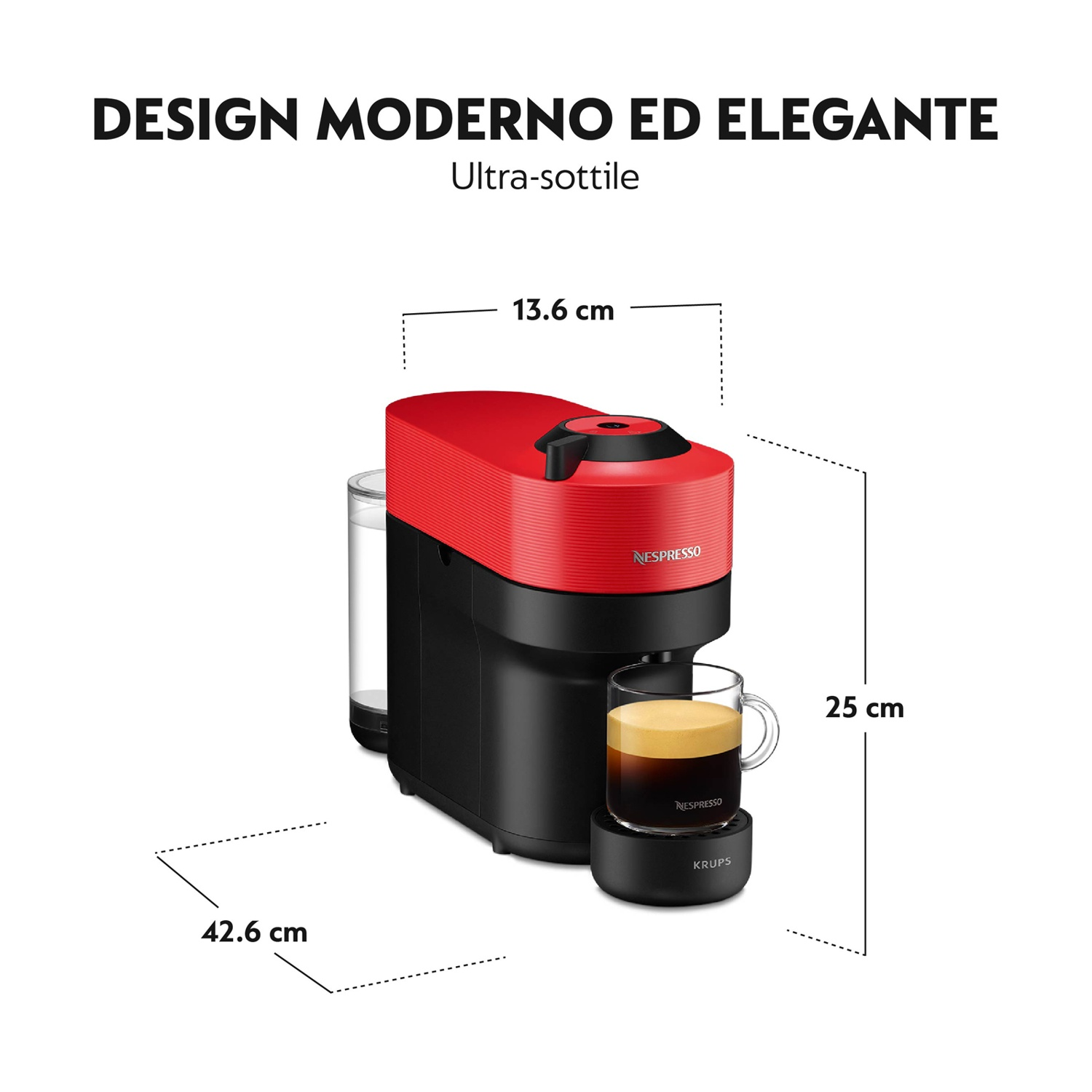 Una macchina da caffè Nespresso rossa e nera con una tazza di caffè. Dimensioni indicate.