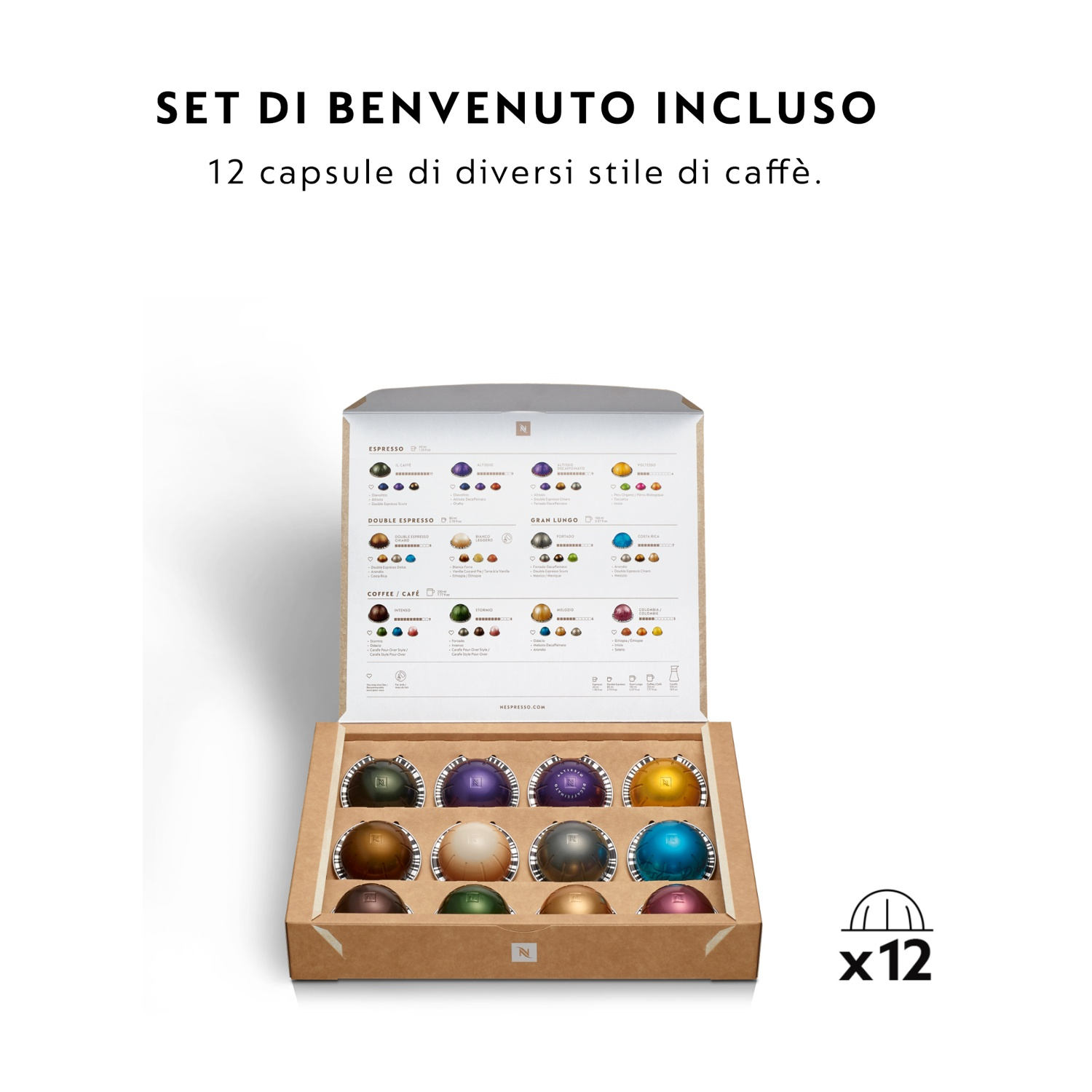 Set di benvenuto con 12 capsule di caffè di vari stili.