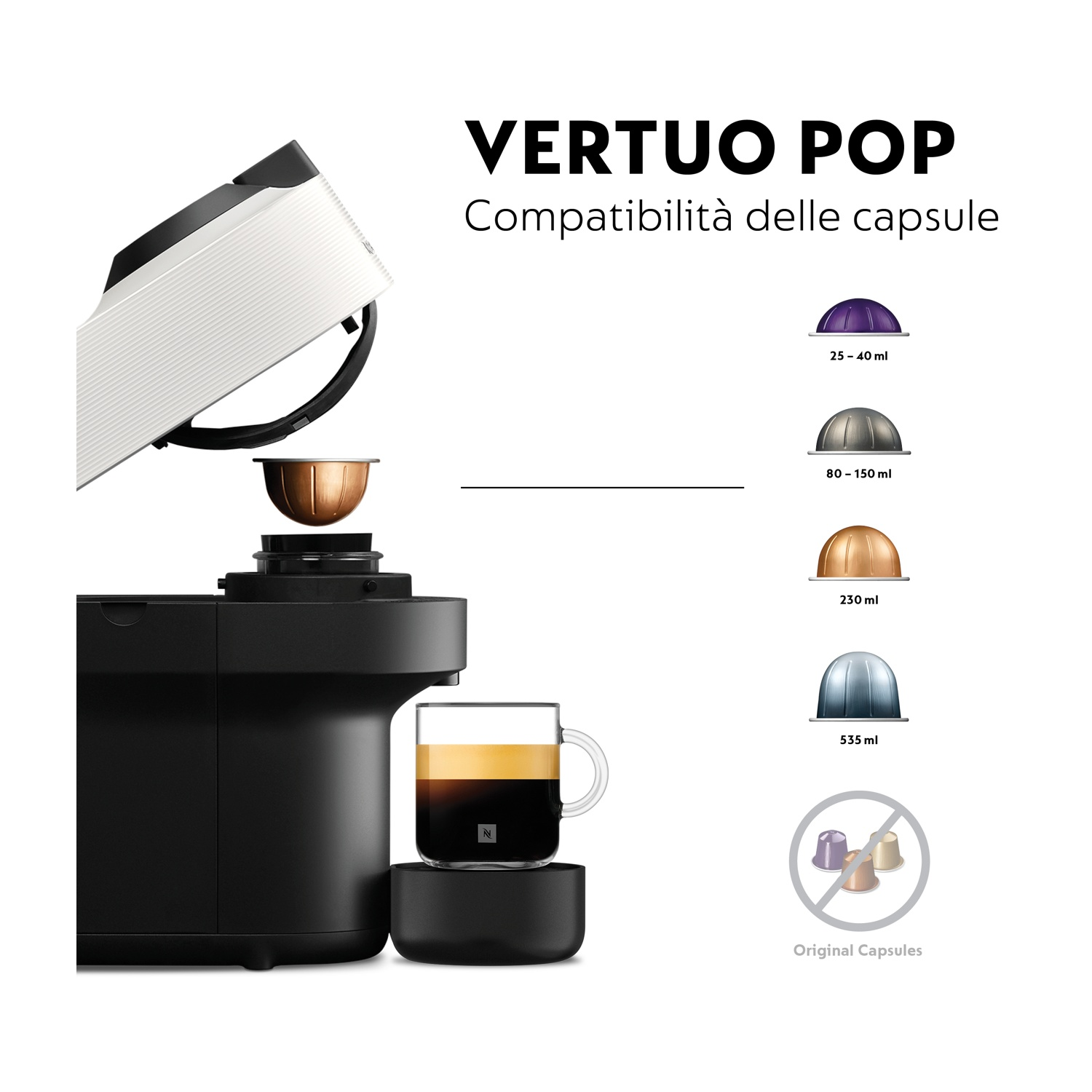 Una macchina da caffè nera con tazza di caffè e varie dimensioni di capsule.