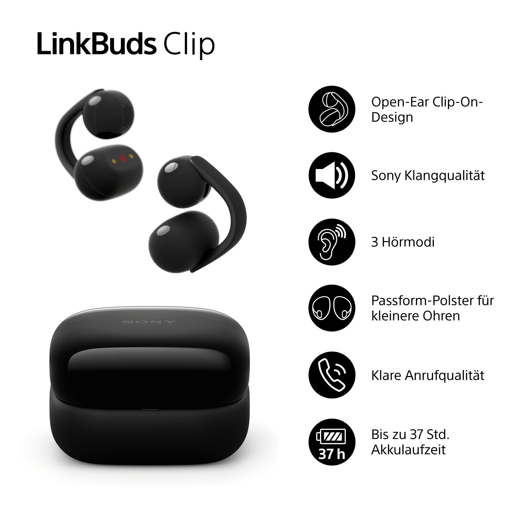Schwarze LinkBuds Clip Kopfhörer mit Ladecase und Icons für Design, Klang, Modi, Passform, Anrufe, Akku.