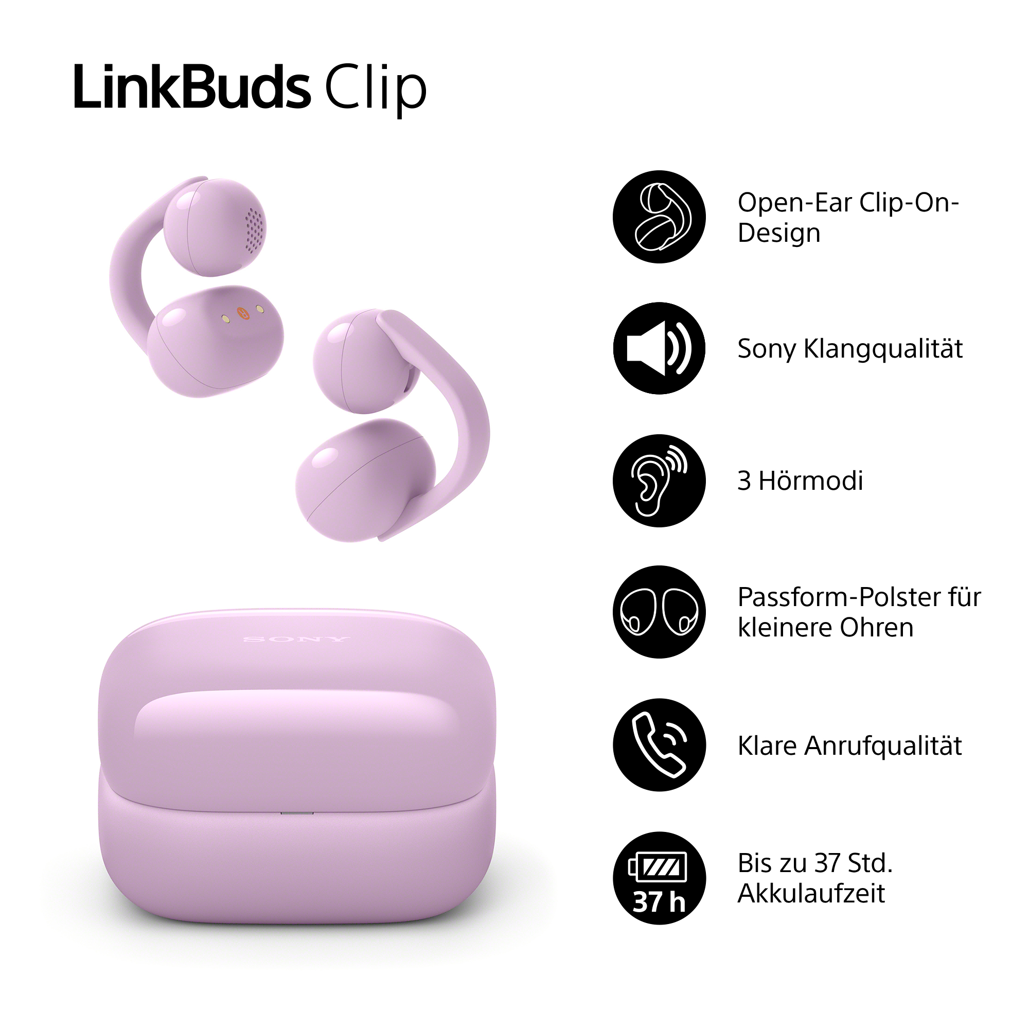 Lavendelfarbene Sony LinkBuds Clip mit Ladecase und Icons für Design, Klang, Modi, Passform, Anrufe und Akku.