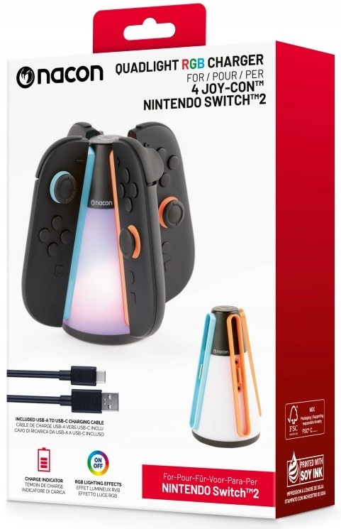 Ładowarka Nacon Quadlight RGB do 4 Joy-Conów Nintendo Switch z kablem.