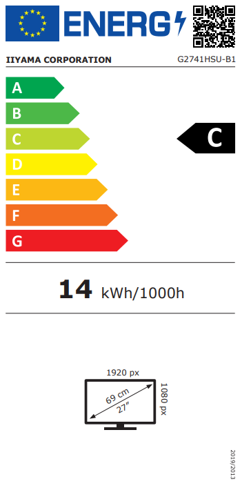 Etykieta efektywności energetycznej: Klasa C, 14 kWh/1000h, monitor 27 cali.