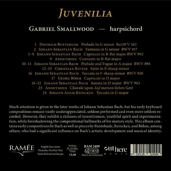Album JUVENILIA von Gabriel Smallwood auf dem Cembalo mit Werken von Bach.